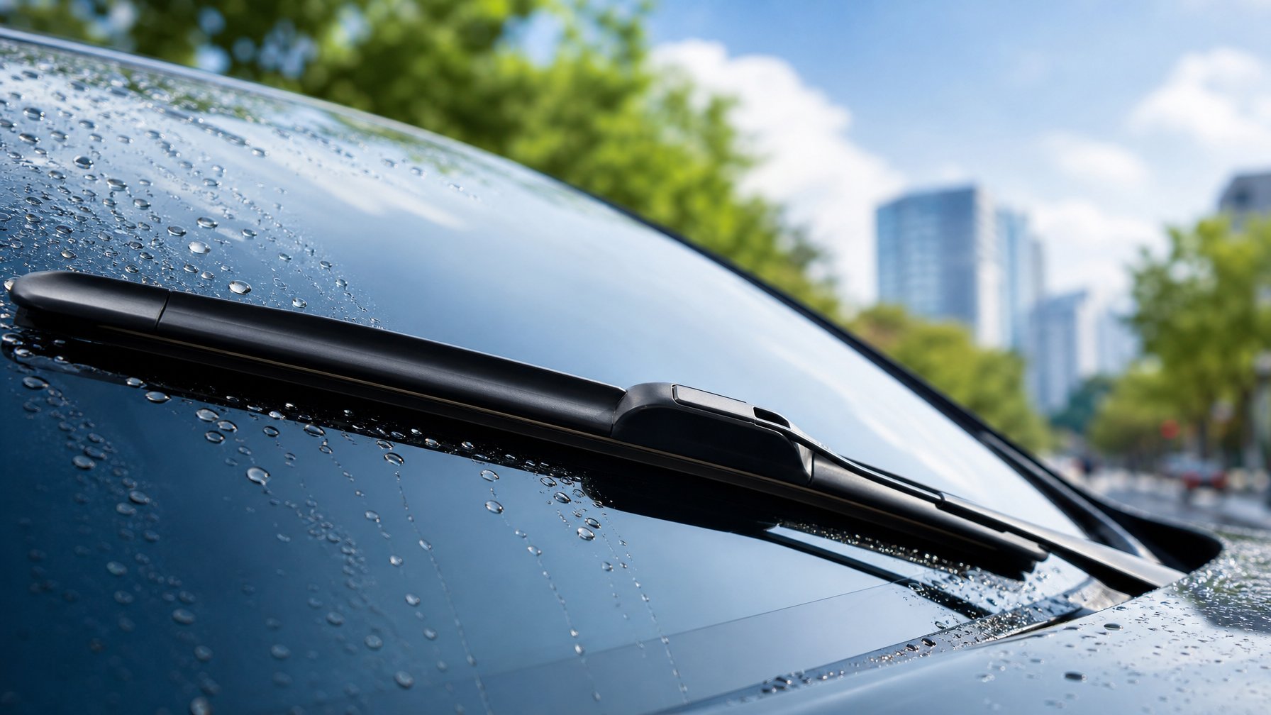 Close-up kaca depan mobil dengan wiper baru yang bersih dan tetesan air yang mengalir, latar belakang taman dan langit biru.