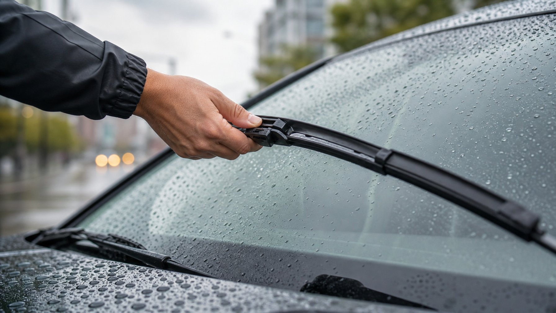 Tangan seseorang sedang mengganti bilah wiper mobil di tengah hujan dengan latar belakang kota yang kabur.
