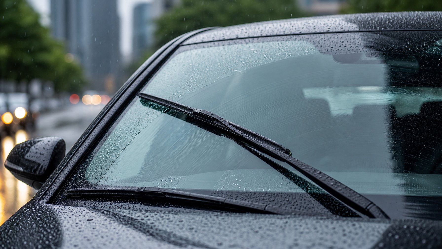 Close-up kaca mobil dengan wiper yang sedang membersihkan air hujan agar kaca tetap jernih.