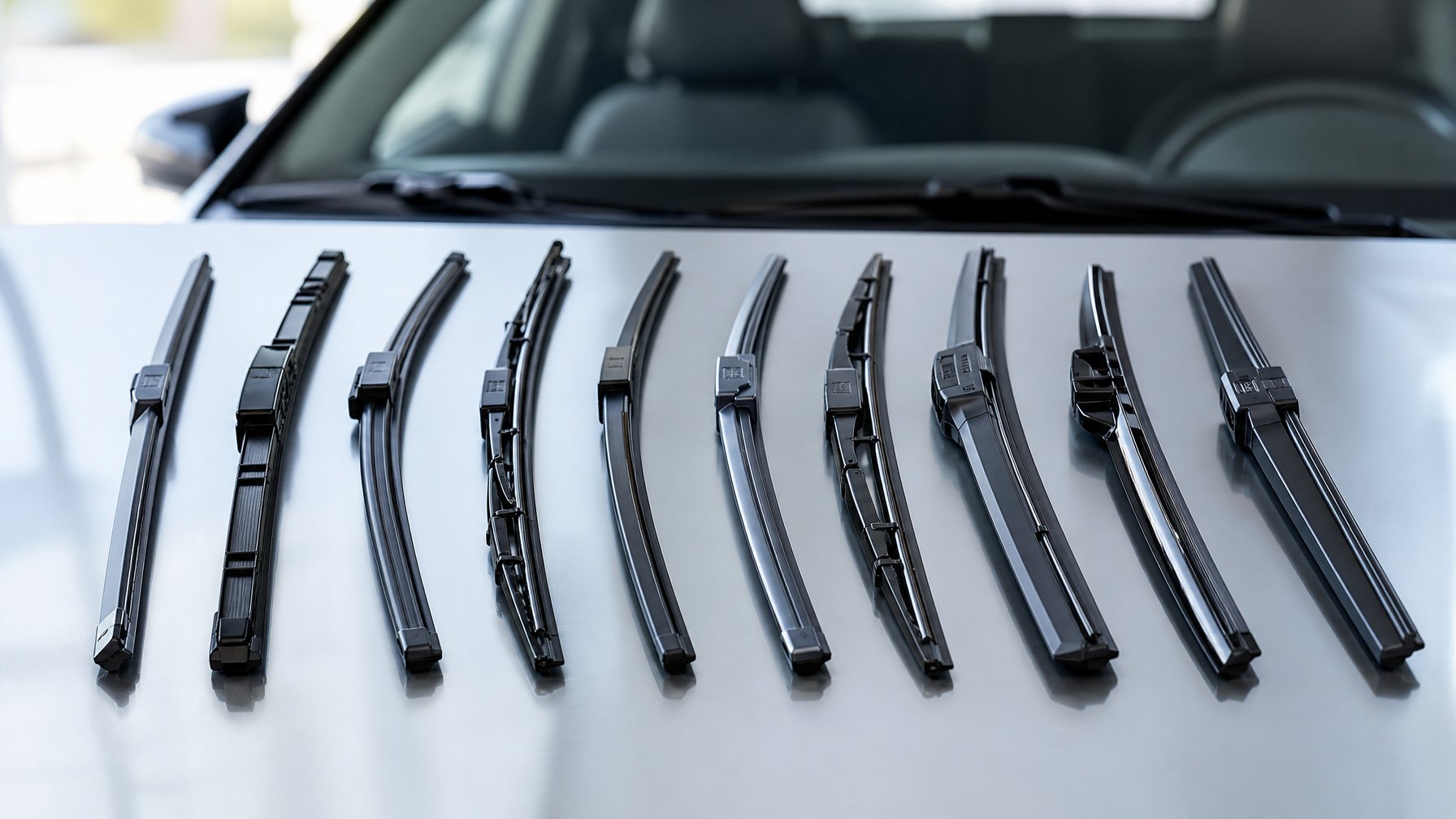 Berbagai model wiper mobil modern disusun rapi di atas permukaan bersih dengan latar belakang kabur bagian dalam mobil.