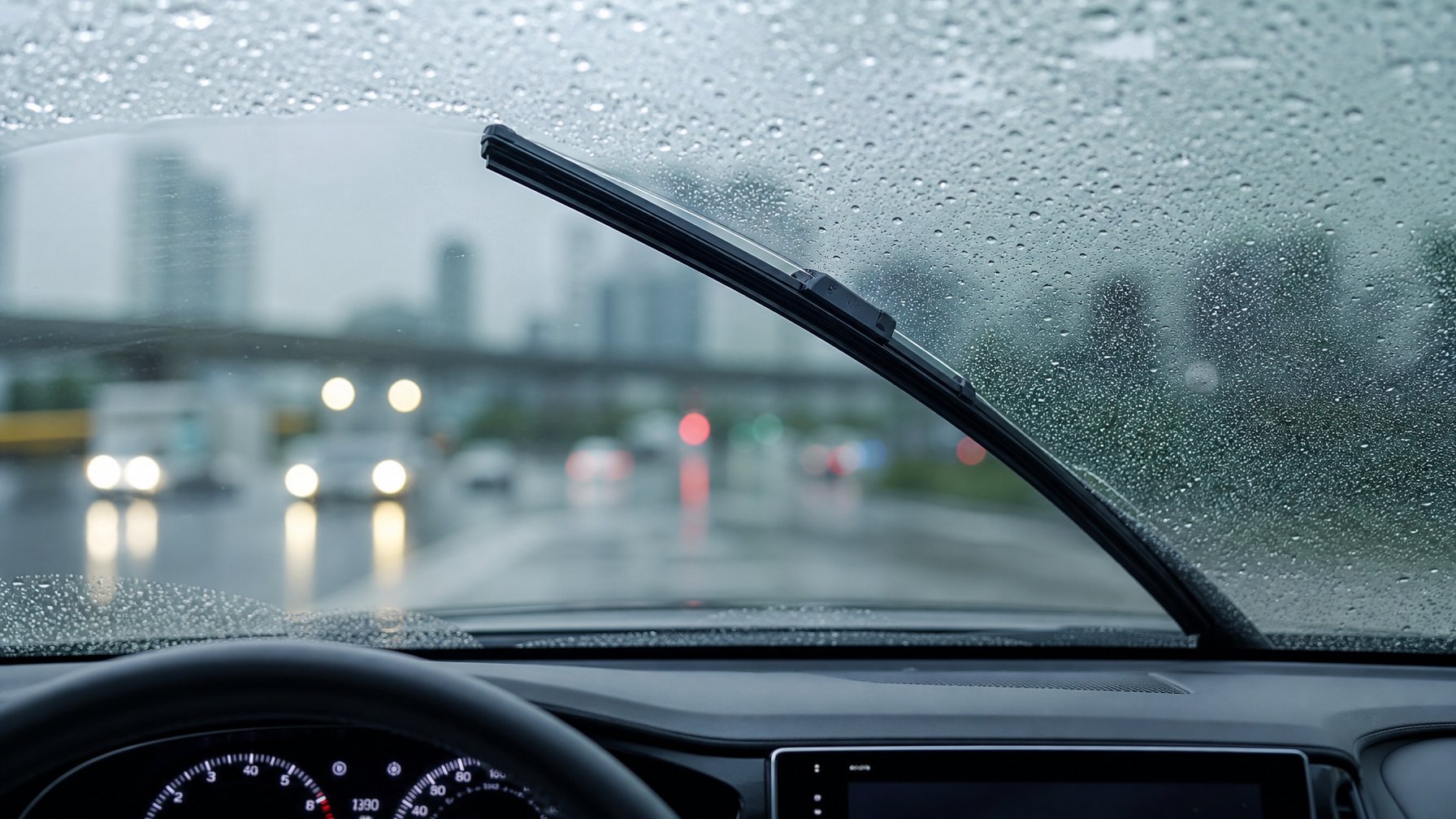 Pandangan dekat kaca depan mobil dengan wiper yang sedang menyeka tetesan air hujan, menunjukkan bagian kaca yang bersih dan jernih.