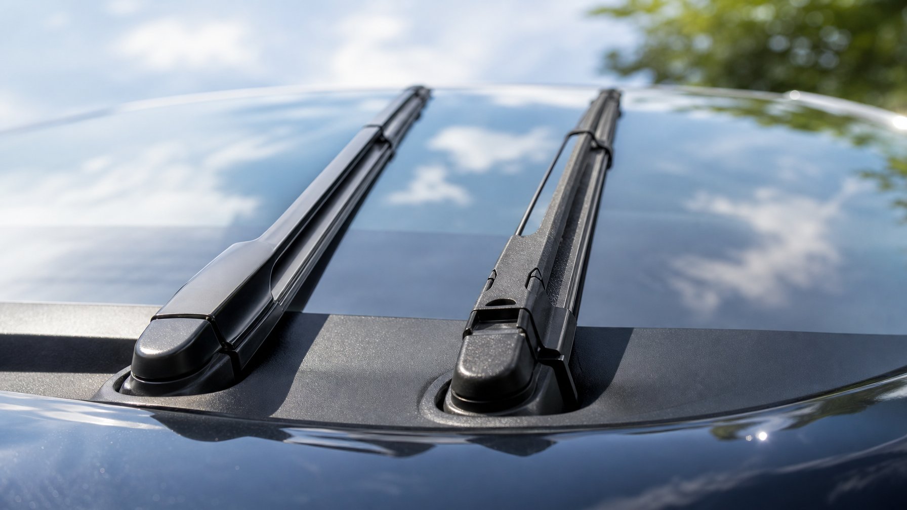 Perbandingan dua wiper mobil yang dipasang berdampingan pada kaca depan mobil, satu terbuat dari silikon dan satu dari karet biasa.