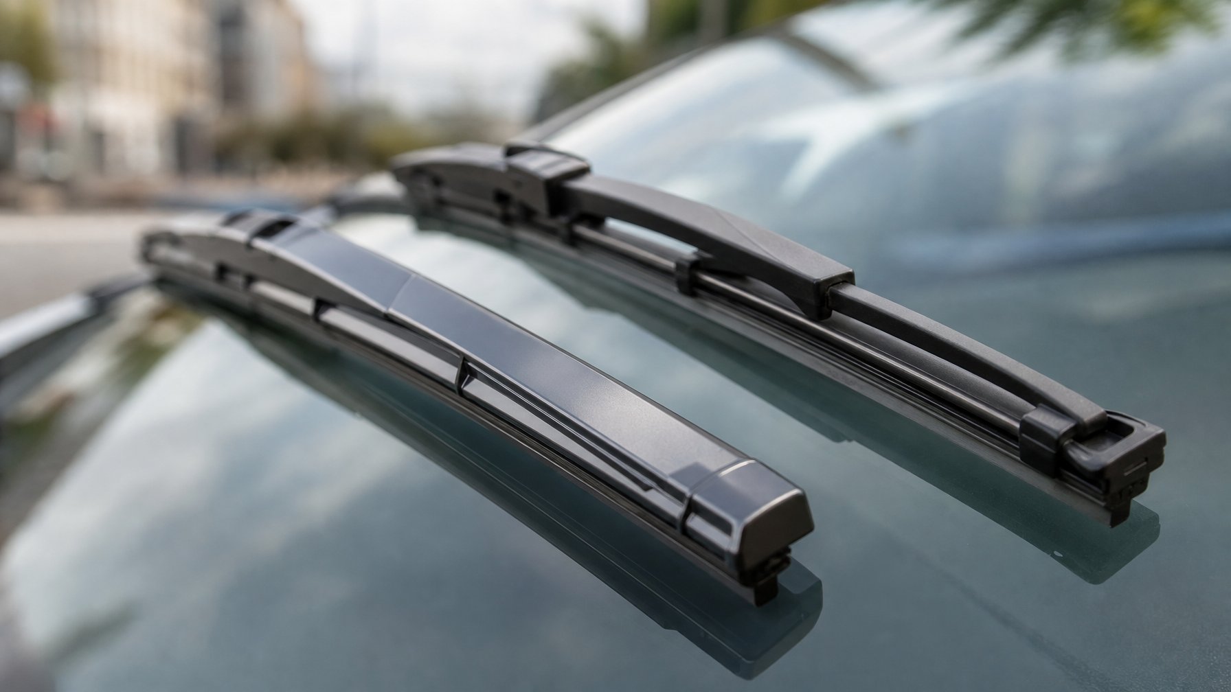 Dua wiper mobil berbeda bahan, satu silikon dan satu karet, terpasang berdampingan pada kaca depan mobil.