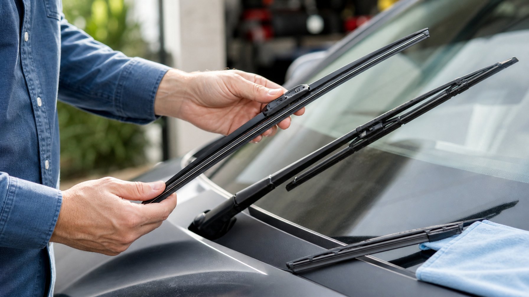 Seorang pria memeriksa bilah wiper mobil di dekat kaca depan mobil di garasi yang terang.