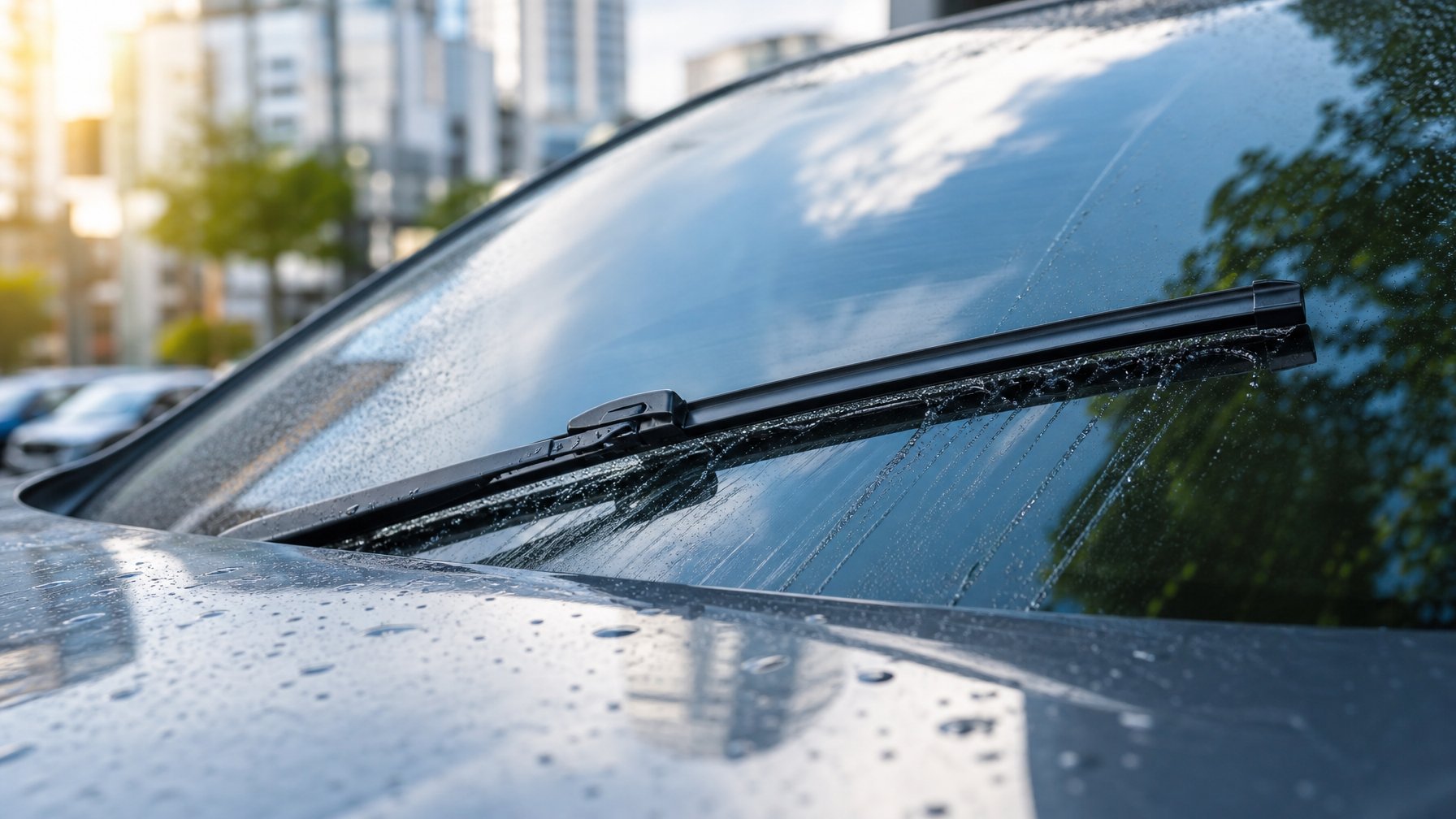 Wiper mobil sedang membersihkan kaca depan mobil di bawah sinar matahari dengan latar belakang kota yang samar.