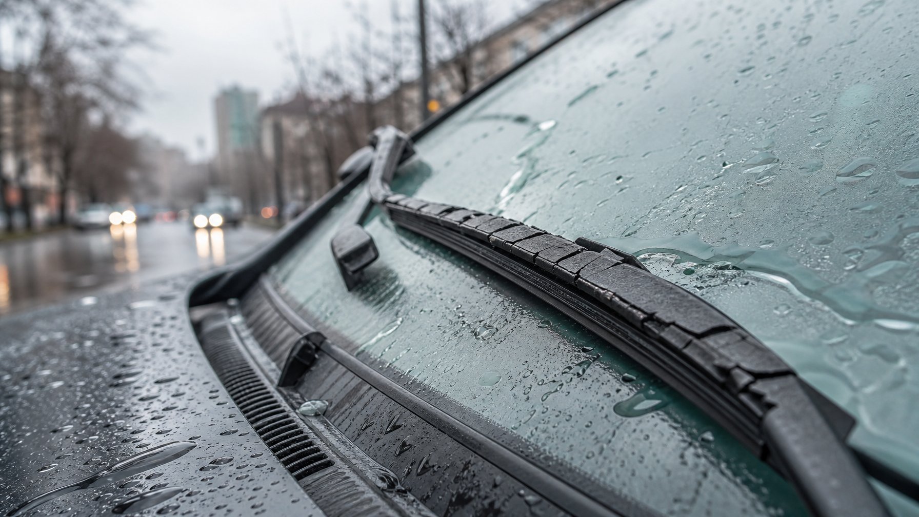 Close-up wiper mobil dengan kaca depan yang basah dan wiper terlihat aus serta tidak rata.