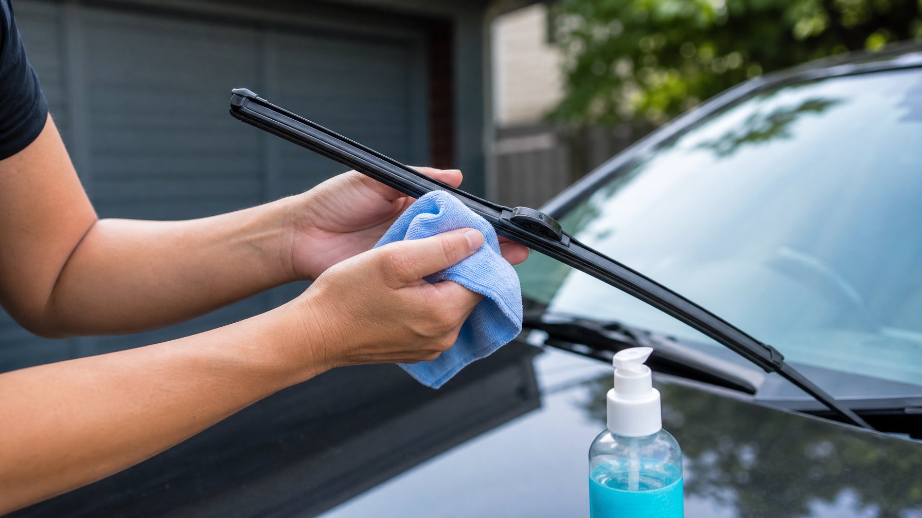Seseorang sedang membersihkan bilah wiper mobil dengan kain lembut di luar ruangan pada siang hari.