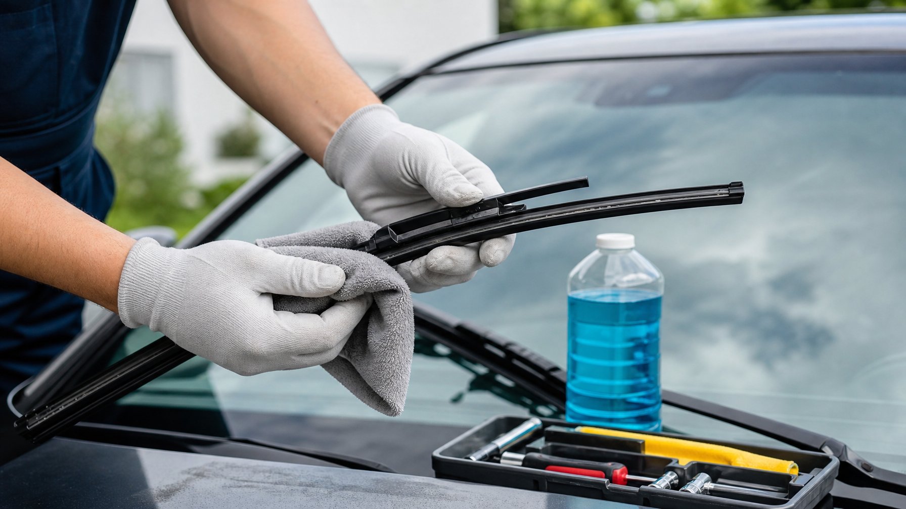 Tangan sedang membersihkan bilah wiper mobil dengan kain lembut di depan mobil modern.
