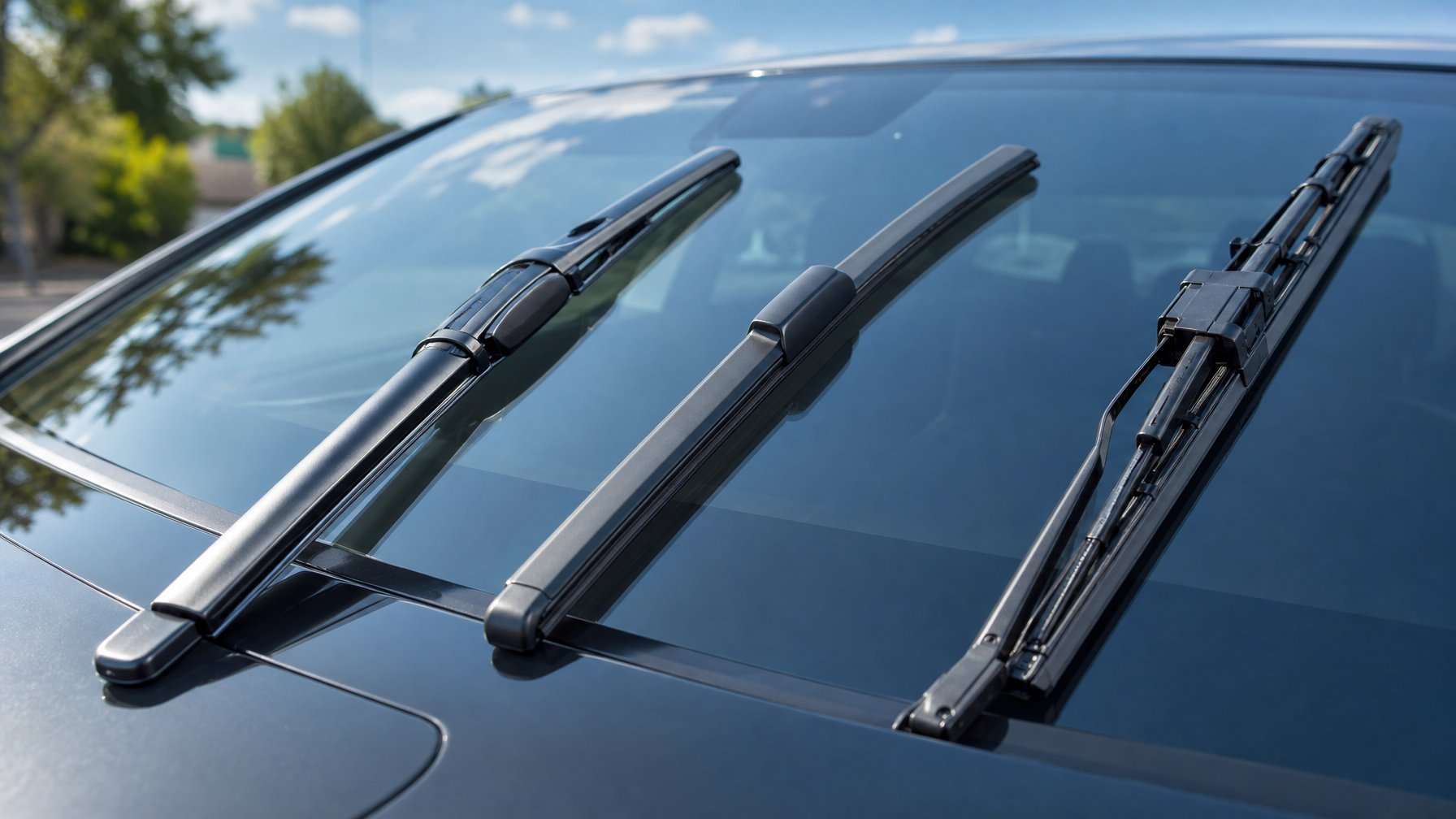 Tiga jenis wiper mobil modern berbeda terpasang pada kaca depan mobil hitam, menunjukkan perbandingan desainnya.