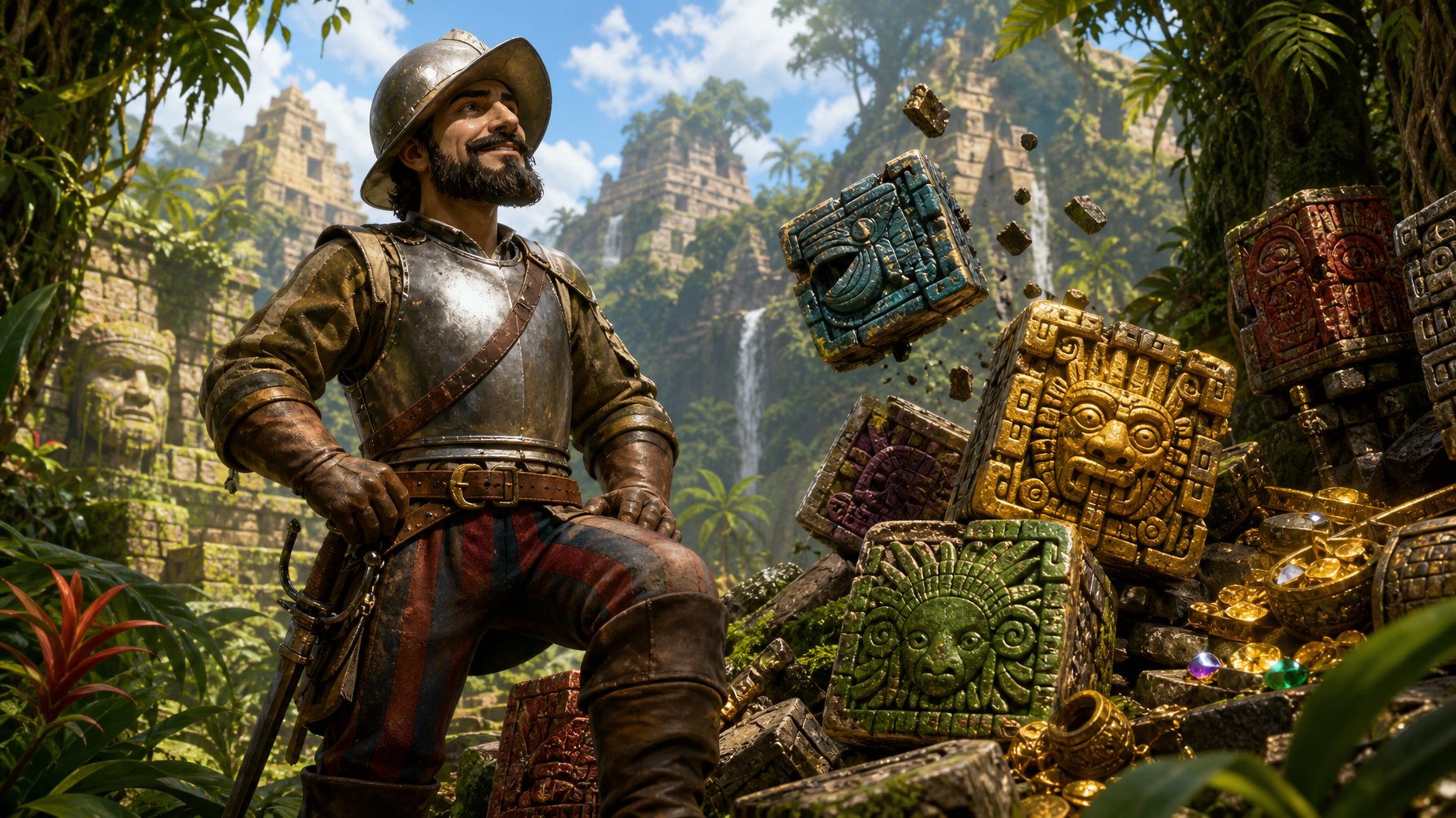 A Conquistador Explorer Stands In A Jungle With Ancient Stone Ruins And Colorful Carved Blocks Around Him, With Sunlight Filtering Through The Trees.