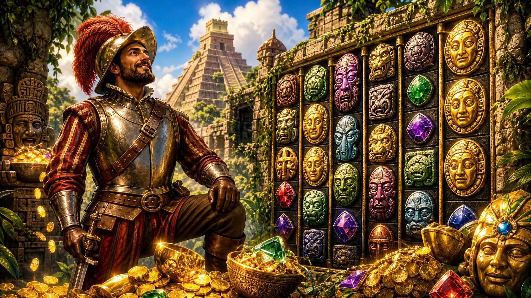 A Spanish Explorer Stands Among Ancient Jungle Ruins With Golden Coins And Gemstones Around Him, With Mayan Pyramids In The Background.
