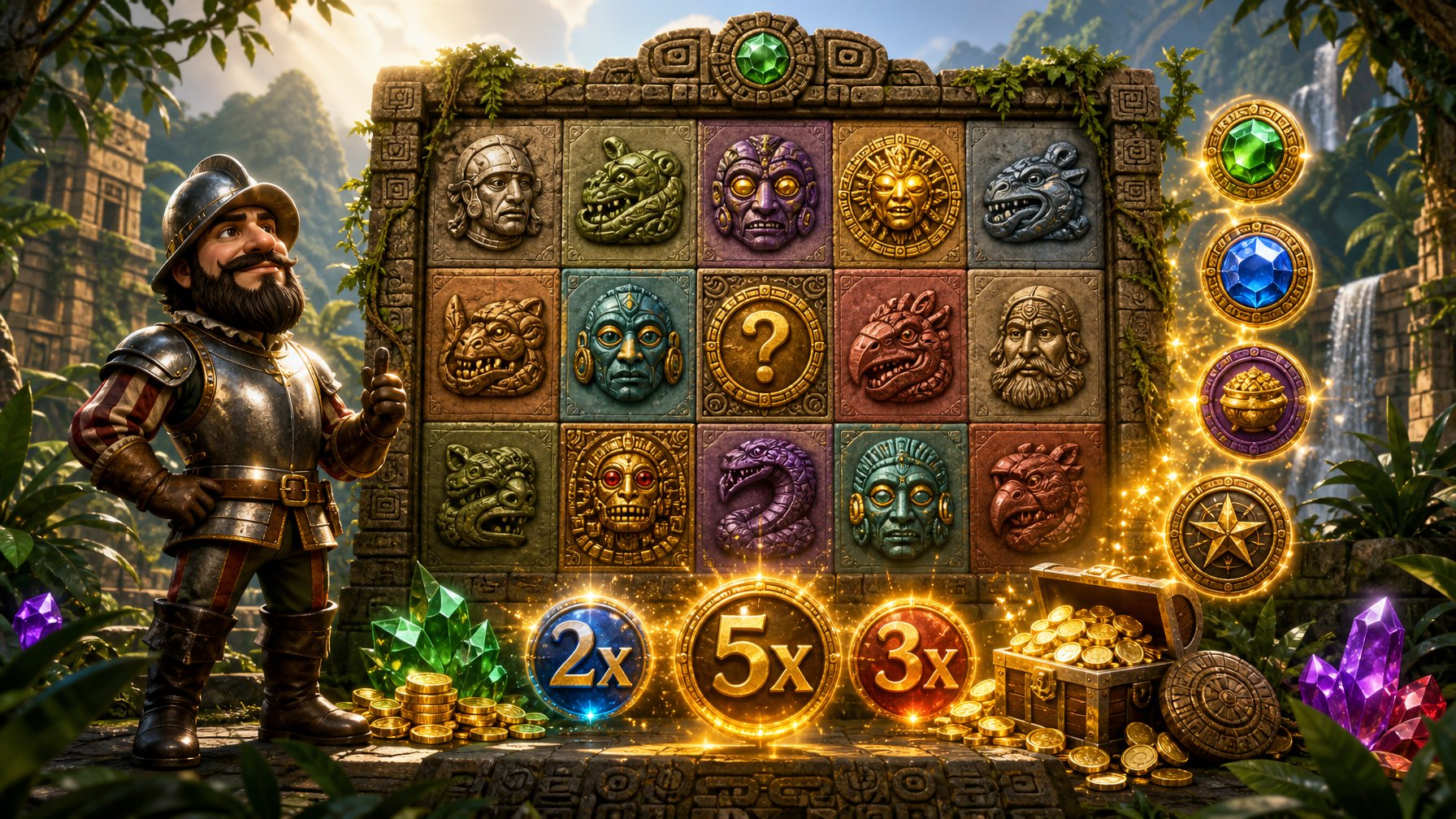 An Explorer Stands Next To An Ancient Stone Slot Machine Surrounded By Jungle Ruins, Gems, And Gold Coins Representing Bonus Features And Win Potential.