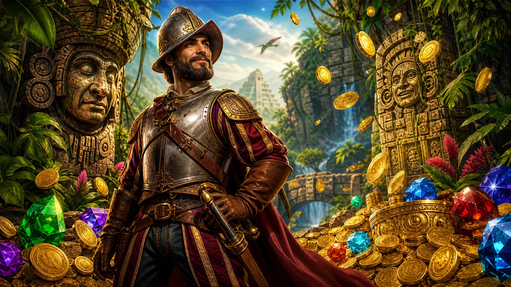 An Explorer In Conquistador Gear Stands In A Jungle With Ancient Stone Ruins, Surrounded By Gold Coins And Gemstones.