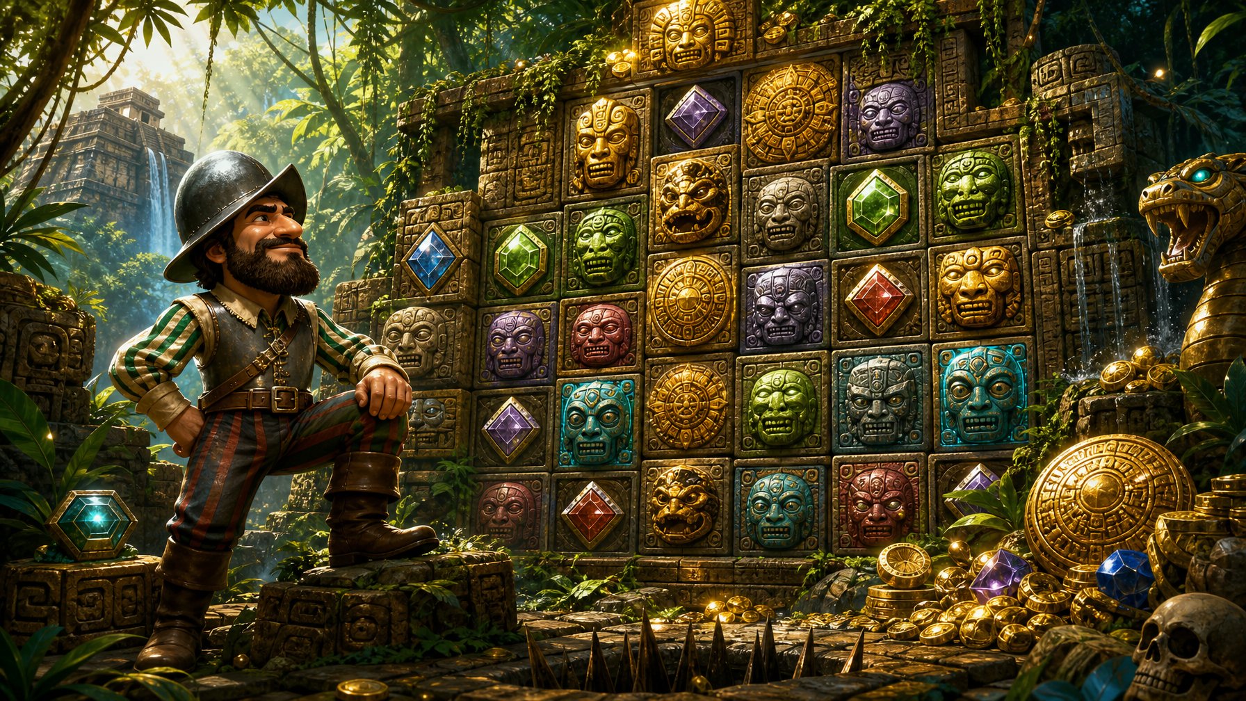 An Explorer Stands In A Jungle Among Ancient Stone Ruins And Glowing Carved Blocks Surrounded By Sparkling Gems And Gold Coins.