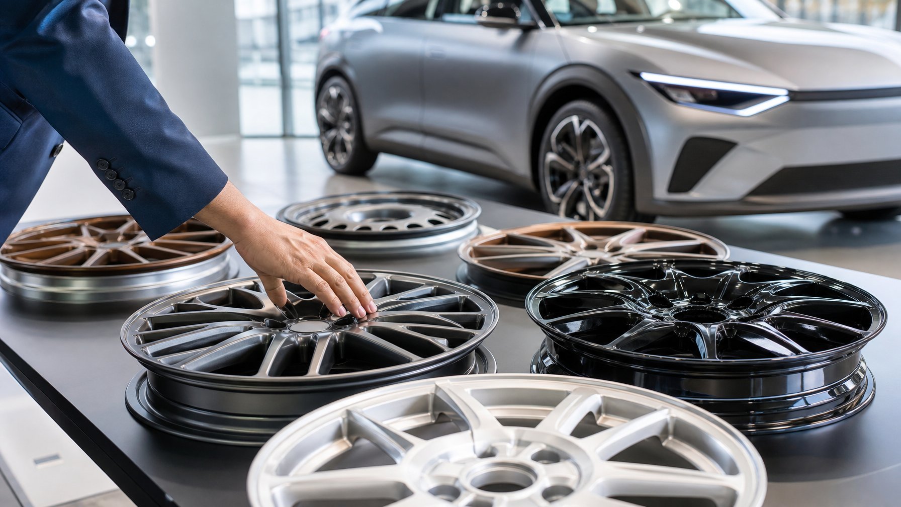 Seseorang sedang memilih berbagai jenis velg mobil di sebuah showroom dengan mobil modern terlihat di latar belakang.