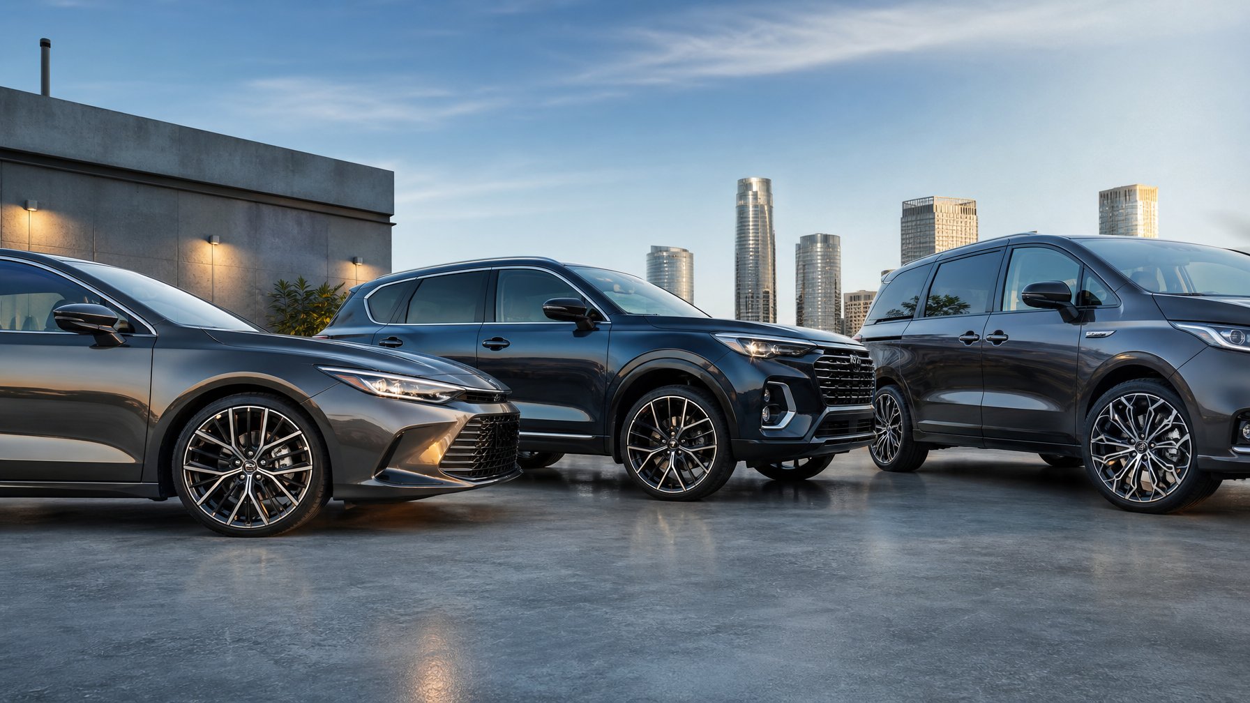 Tiga mobil berbeda jenis yaitu sedan, SUV, dan MPV dengan velg modifikasi terbaru tahun 2026 diparkir berdampingan di luar ruangan.