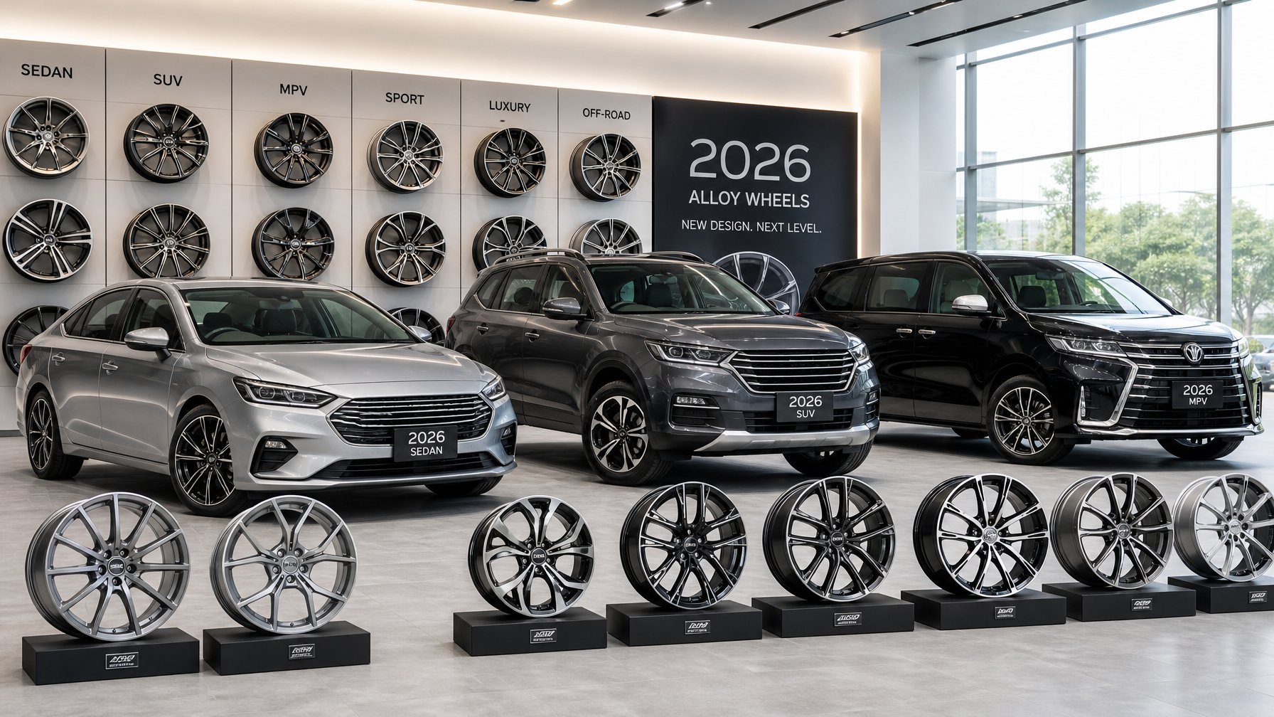 Tampilan beberapa mobil sedan, SUV, dan MPV dengan velg terbaru yang dipajang di ruang pamer mobil.