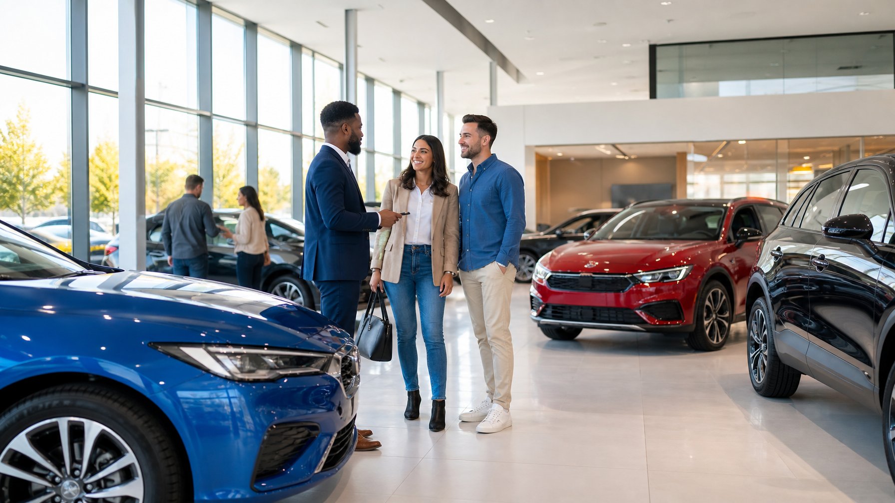 Showroom mobil modern dengan beberapa mobil terbaru tahun 2026 dan orang-orang yang sedang melihat mobil.