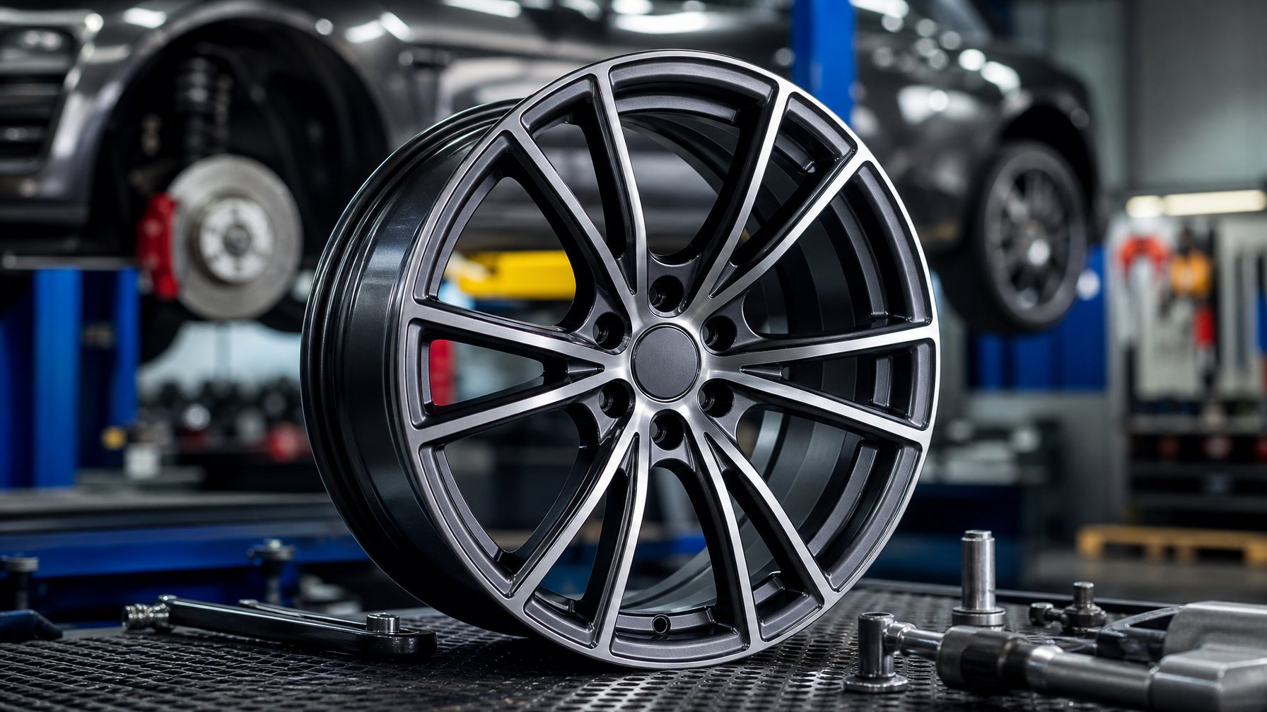 Foto close-up sebuah velg mobil modern di bengkel mobil dengan peralatan dan alat perawatan di latar belakang.