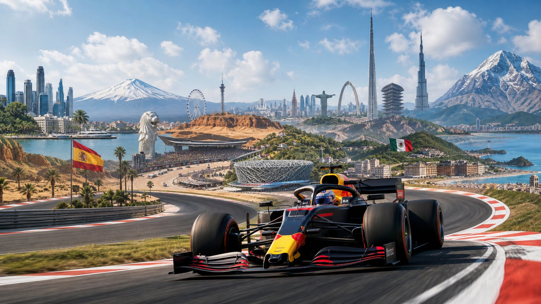 Mobil balap Formula 1 melaju cepat di lintasan sirkuit dengan latar belakang pemandangan beragam yang mewakili berbagai negara.
