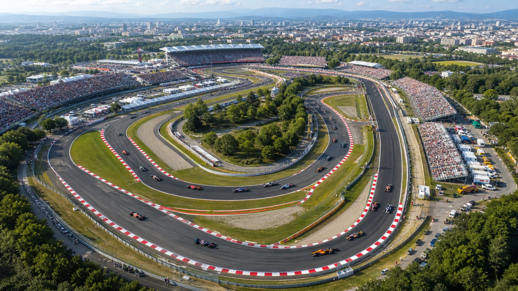 Pemandangan udara sirkuit balap Formula 1 dengan mobil-mobil melaju cepat dan penonton di tribun.