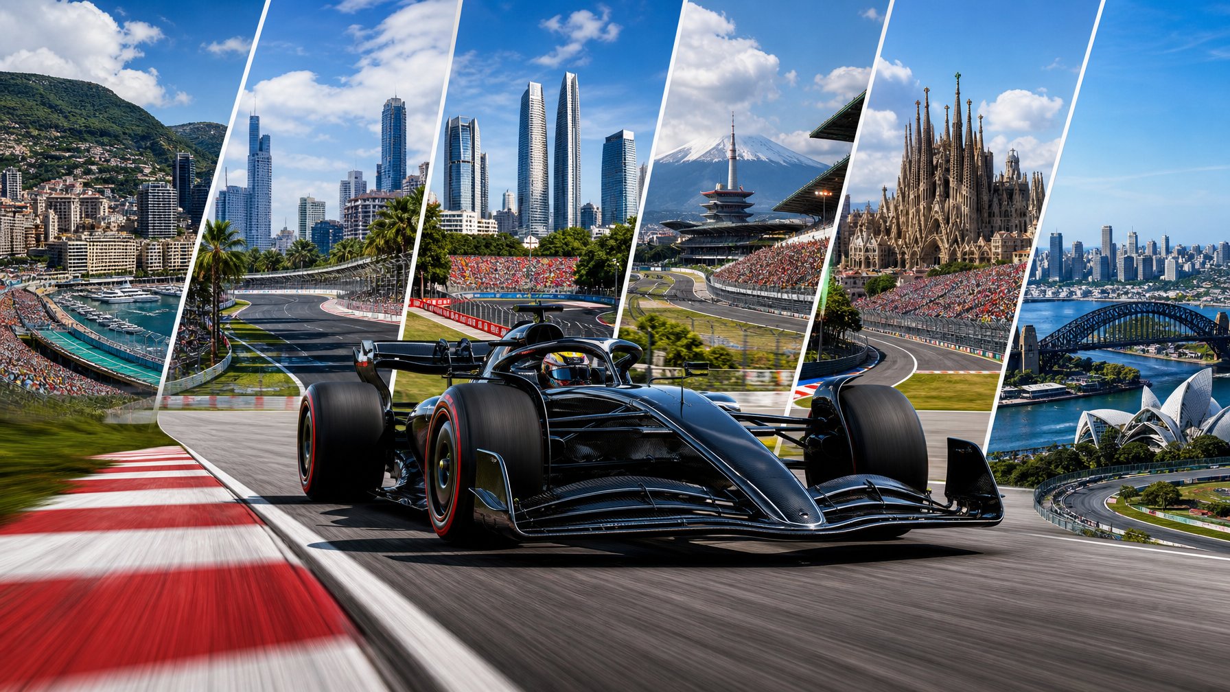 Mobil Formula 1 melaju cepat di lintasan balap dengan latar belakang kota Madrid dan berbagai sirkuit balap lainnya.