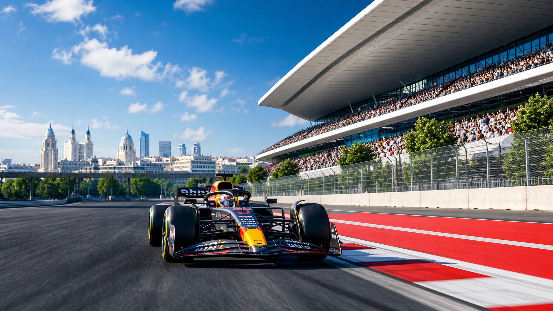 Mobil Formula 1 melaju cepat di sirkuit balap baru dengan latar kota Madrid dan penonton di tribun.