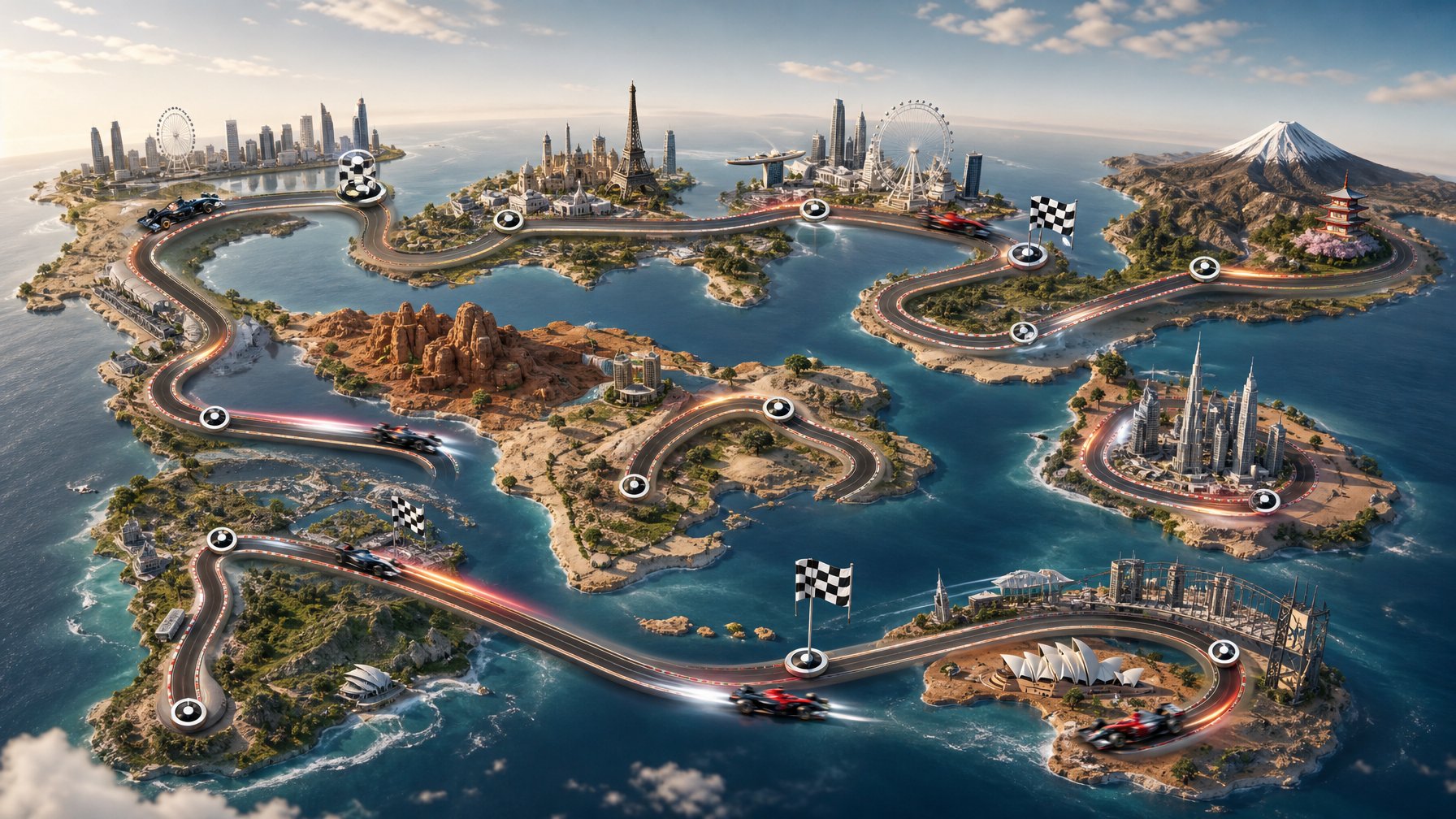 Peta sirkuit balap Formula 1 yang menunjukkan jalur lintasan dari Australia hingga Abu Dhabi dengan latar berbagai lanskap dan landmark ikonik.