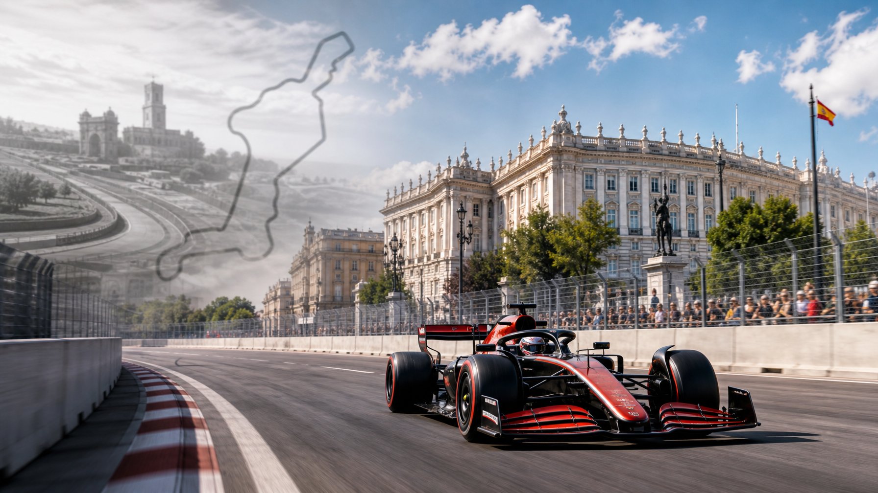 Mobil Formula 1 melaju cepat di sirkuit jalanan Madrid dengan latar belakang kota dan bayangan samar sirkuit Imola.