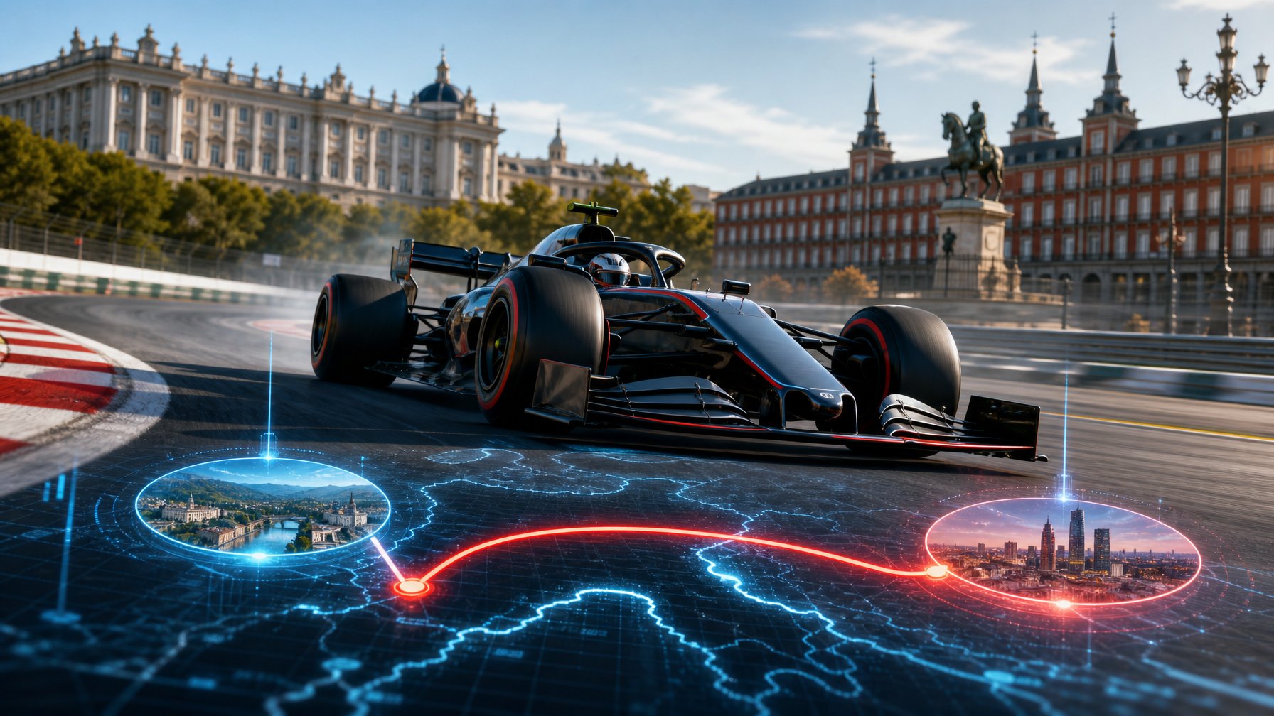 Mobil Formula 1 melaju cepat di sirkuit dengan latar belakang pemandangan kota Madrid dan peta digital yang menunjukkan perubahan sirkuit dari Imola ke Madrid.