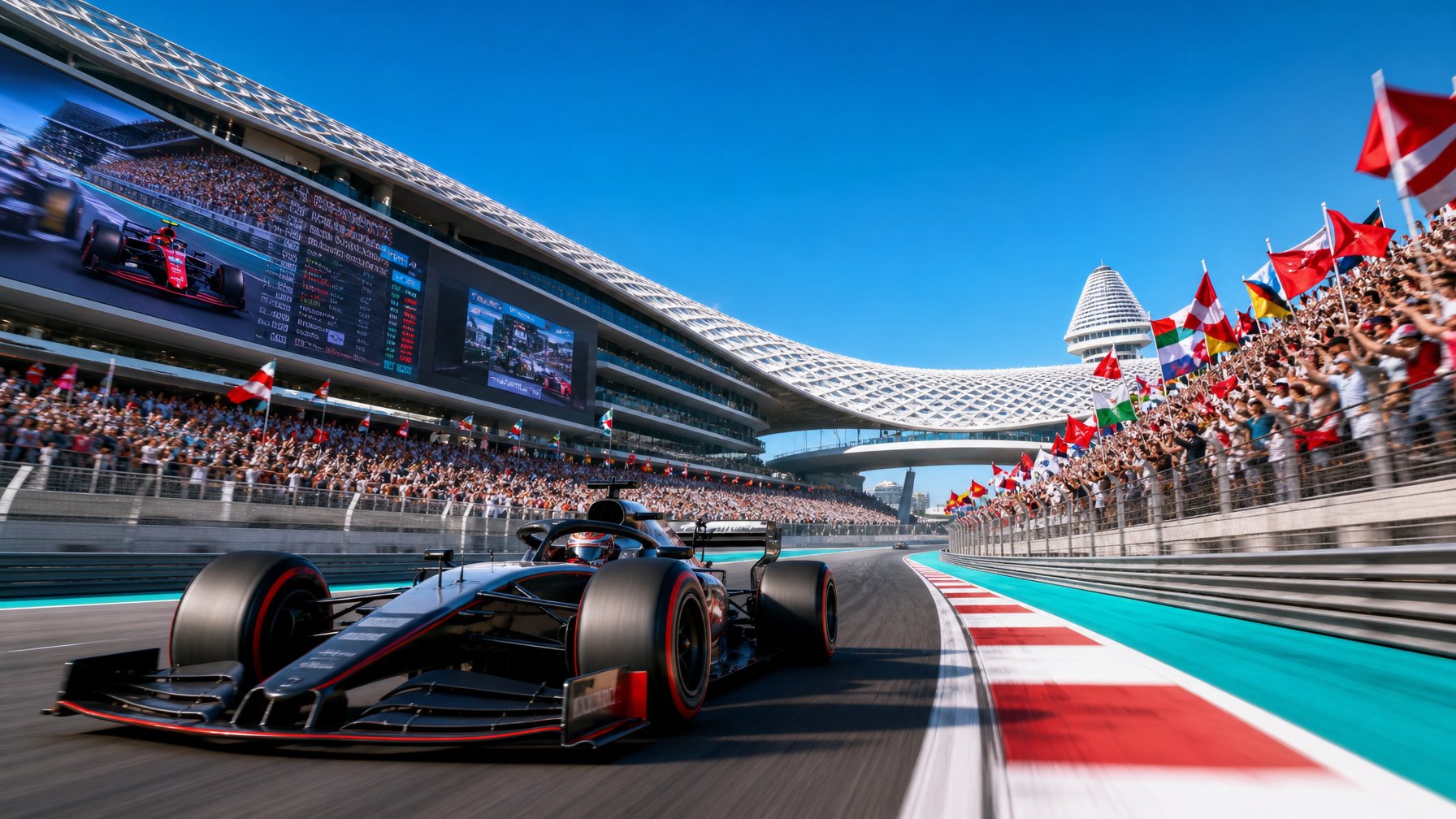 Mobil Formula 1 melaju cepat di sirkuit modern dengan penonton di tribun dan layar besar di latar belakang.