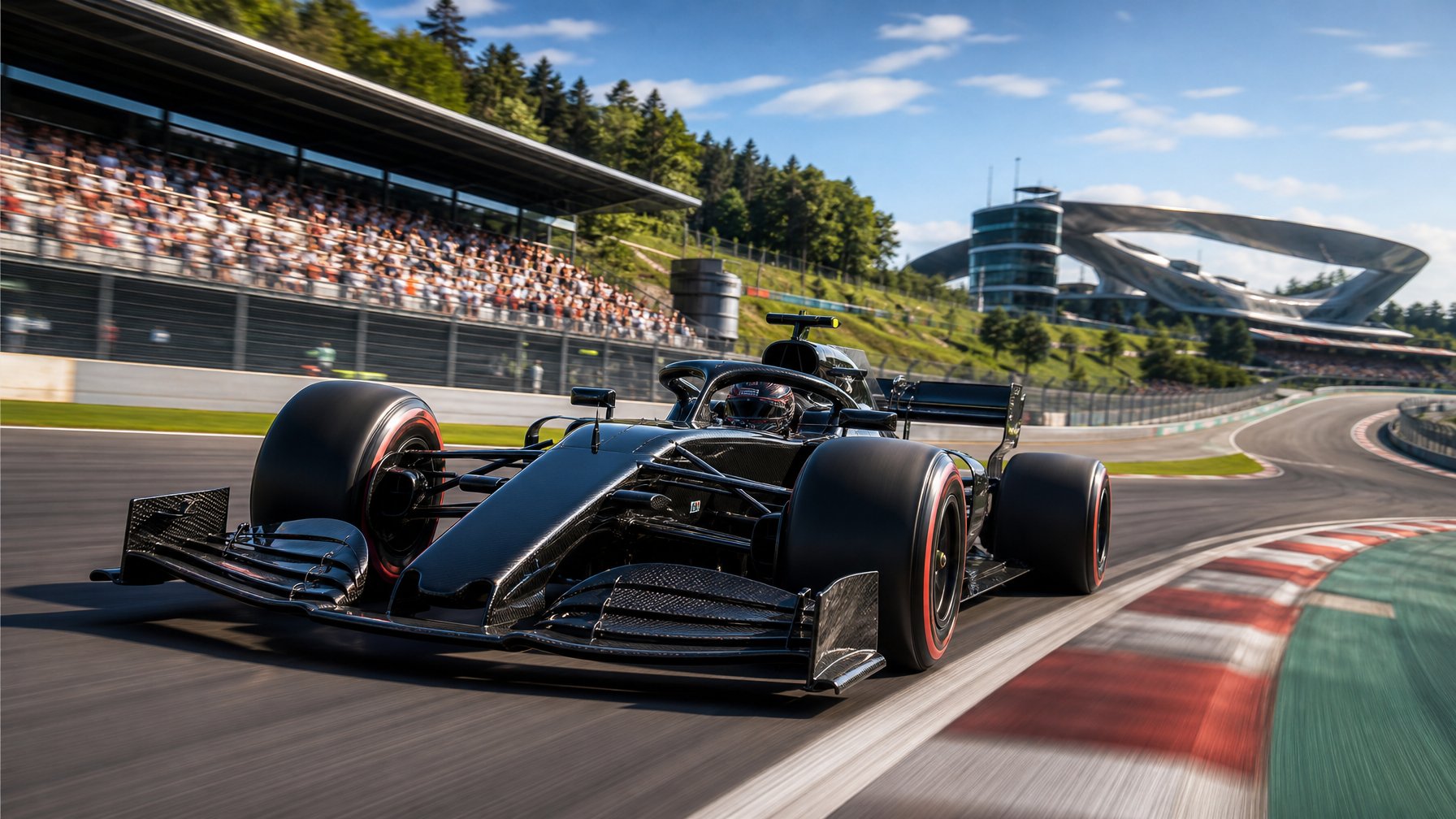 Mobil Formula 1 sedang melaju kencang di sirkuit balap dengan penonton di tribun dan pemandangan hijau di sekitarnya.