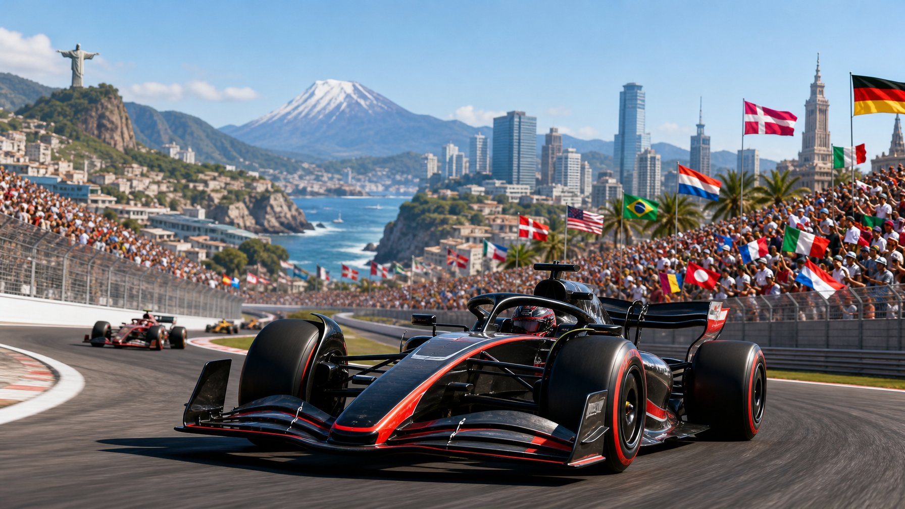 Mobil Formula 1 melaju cepat di sirkuit balap dengan penonton di tribun dan latar belakang pemandangan berbagai lokasi Grand Prix.