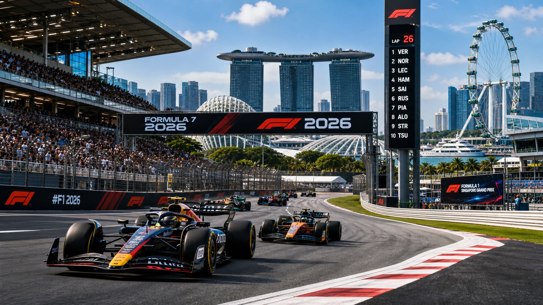 Pemandangan sirkuit balap Formula 1 modern dengan mobil balap melaju di tikungan, tribun penonton penuh, dan infrastruktur canggih di sekitar lintasan.