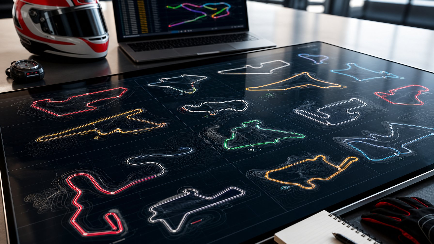 Peta diagram Formula 1 modern dengan garis lintasan berwarna yang menunjukkan tingkat kesulitan dan karakteristik perjalanan, ditampilkan di meja digital dalam ruang kerja yang terang.