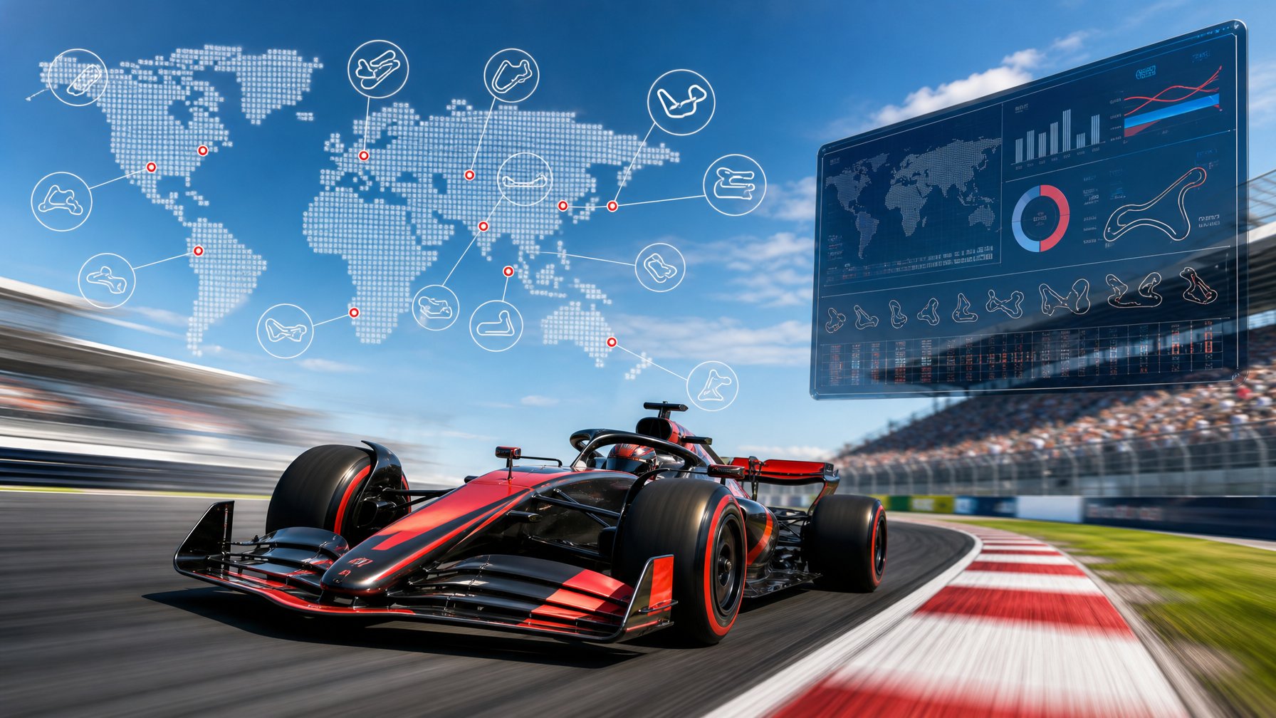 Mobil balap Formula 1 futuristik melaju cepat di lintasan balap dengan pemandangan peta sirkuit dan data jadwal balapan di latar belakang.