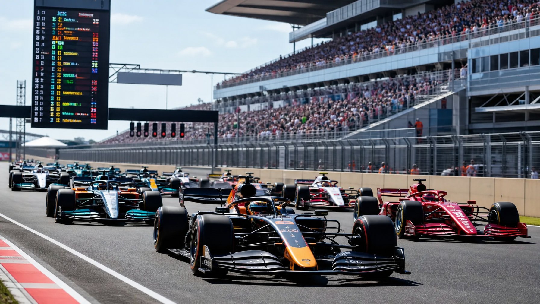 Deretan mobil Formula 1 modern dengan warna tim berbeda di lintasan balap, dikelilingi penonton di tribun dan langit cerah.