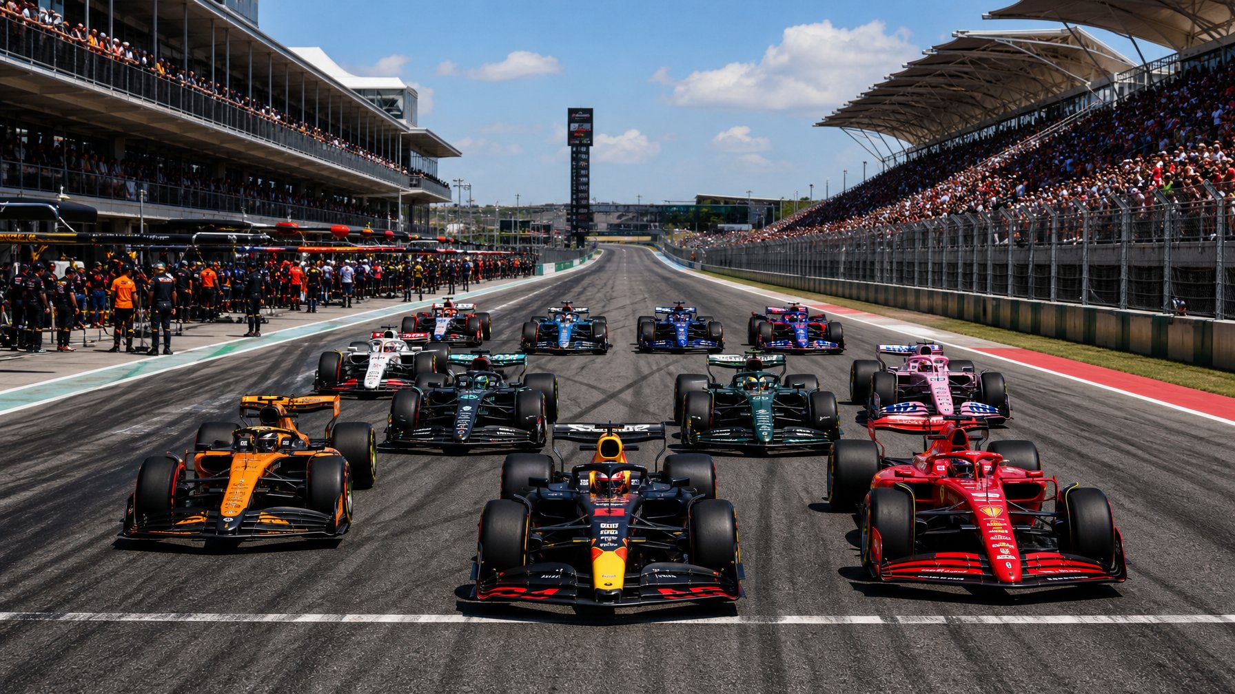 Beberapa mobil Formula 1 dari sebelas tim berbeda berjajar di lintasan balap dengan penonton dan kru tim di latar belakang.