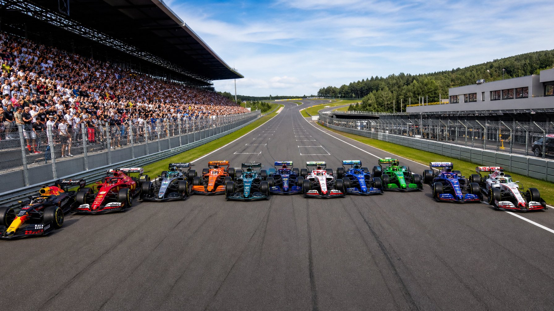 Deretan mobil Formula 1 terbaru tahun 2026 berjajar di lintasan balap dengan latar tribun penonton dan langit cerah.