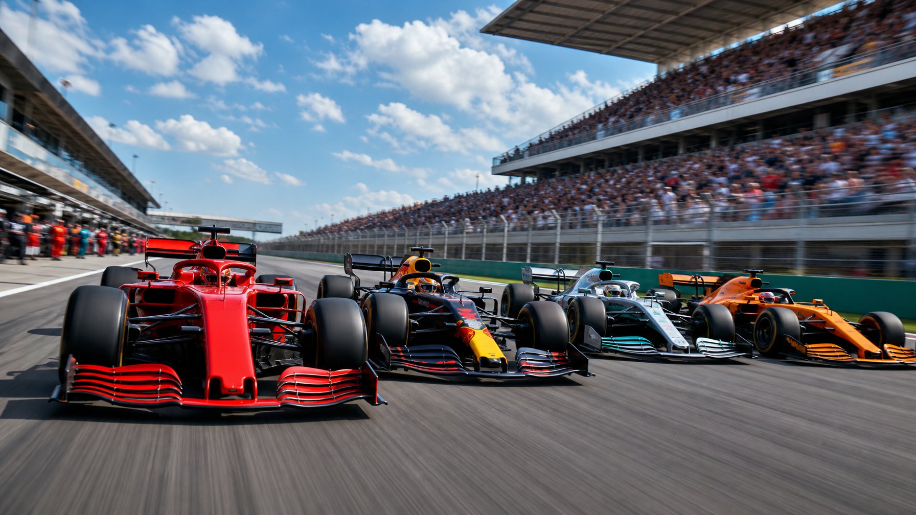 Empat mobil balap Formula 1 dari tim Ferrari, Red Bull, Mercedes, dan McLaren yang sedang melaju di lintasan balap dengan latar penonton dan langit cerah.