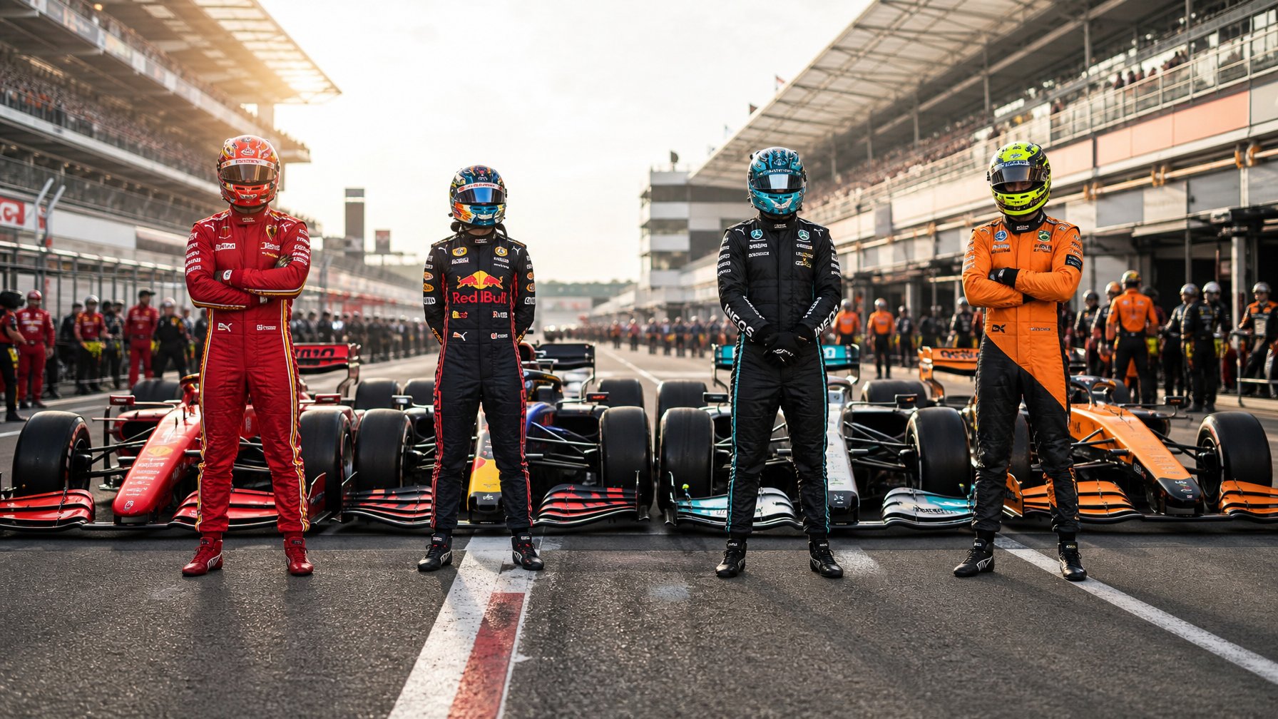 Empat pembalap Formula 1 dari tim Ferrari, Red Bull, Mercedes, dan McLaren berdiri di samping mobil balap mereka di lintasan balap, siap untuk musim 2026.