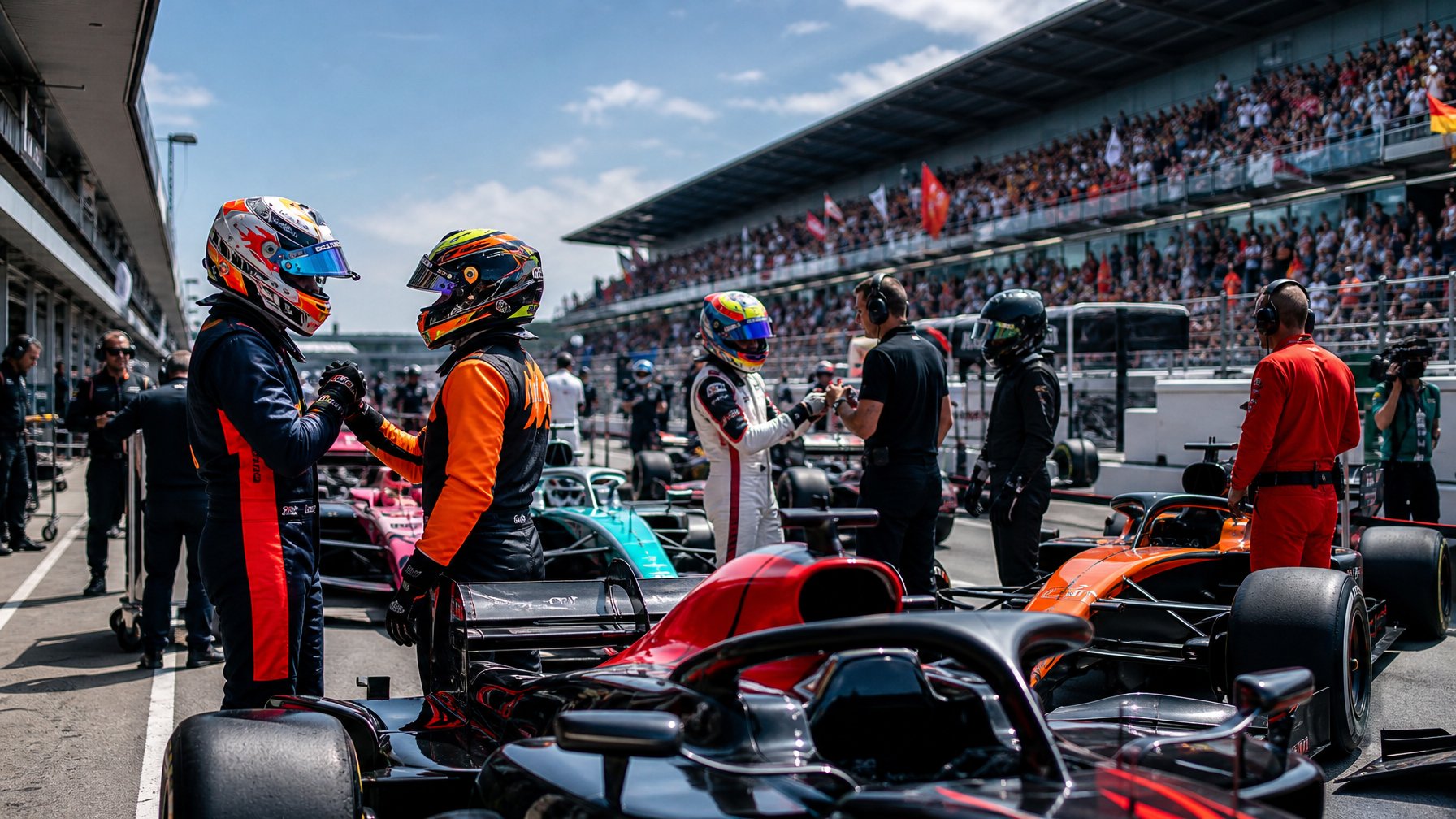 Sejumlah pembalap F1 bersiap di pitlane dengan mobil balap berwarna cerah dan penonton di tribun yang antusias.