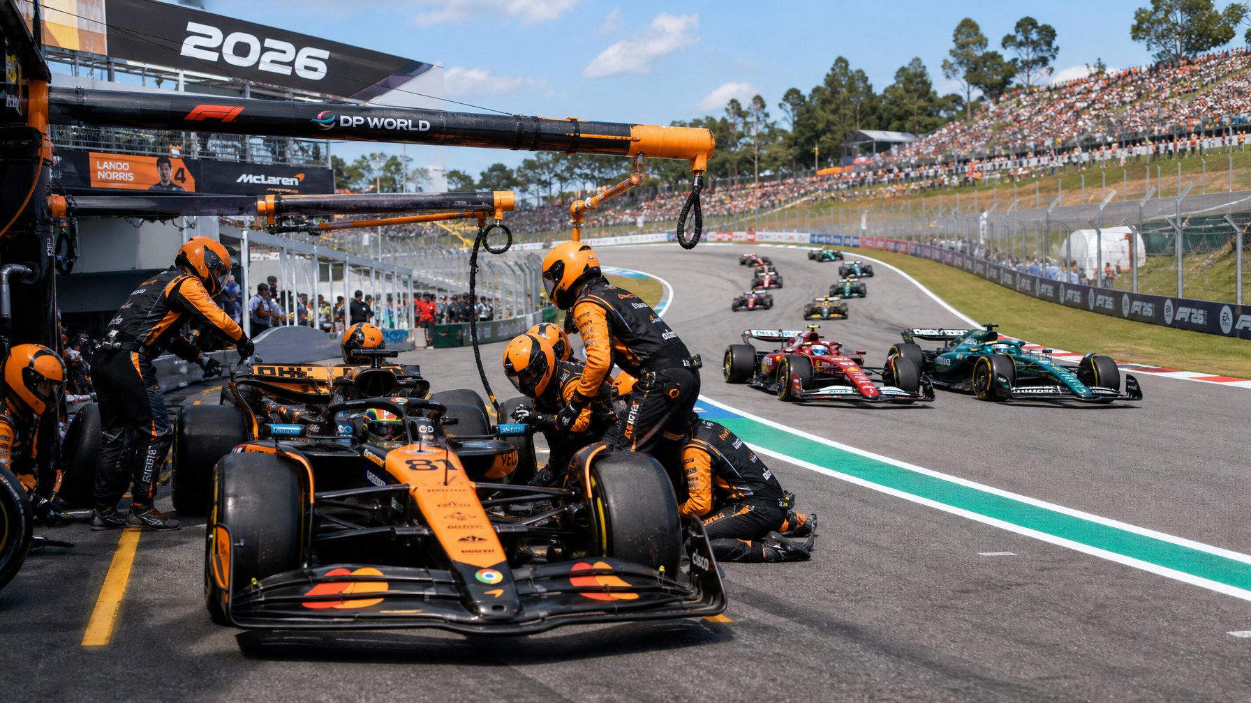 Beberapa mobil balap F1 terbaru sedang berlomba di sirkuit dengan penonton di tribun dan kru pit yang sedang bekerja.