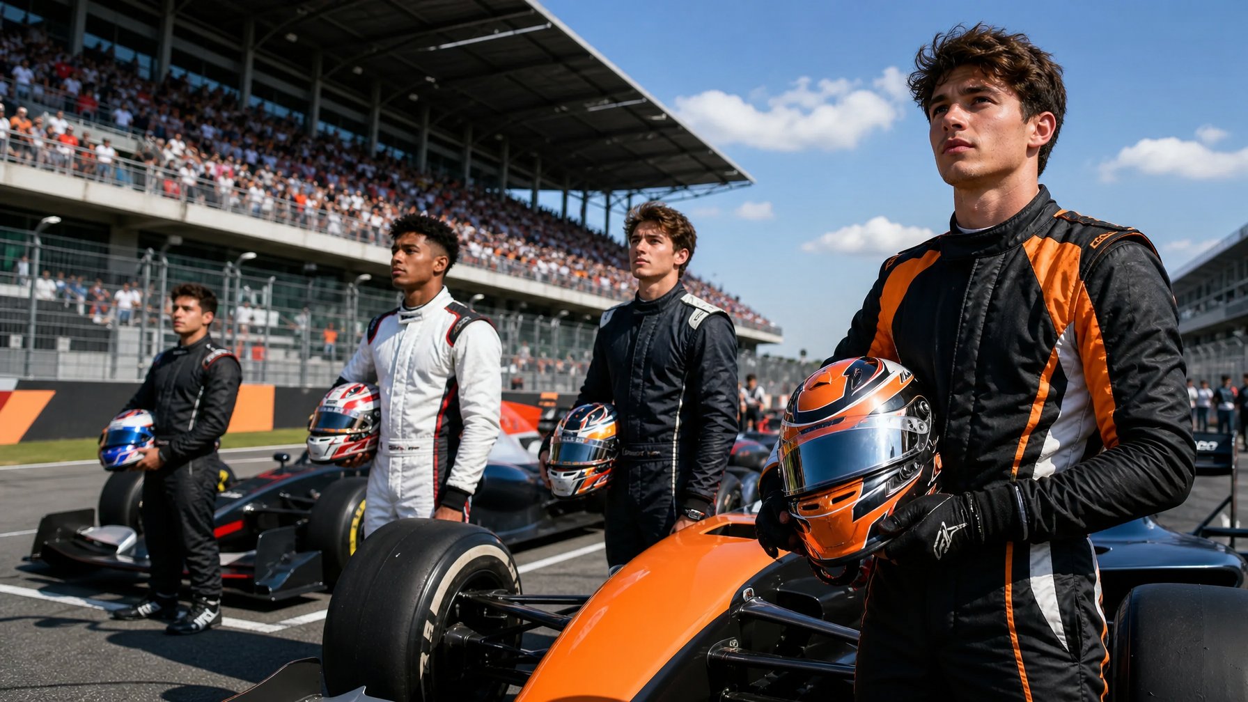 Beberapa pembalap rookie F1 tahun 2026 berdiri di samping mobil balap mereka di lintasan dengan latar belakang tribun penonton yang ramai.