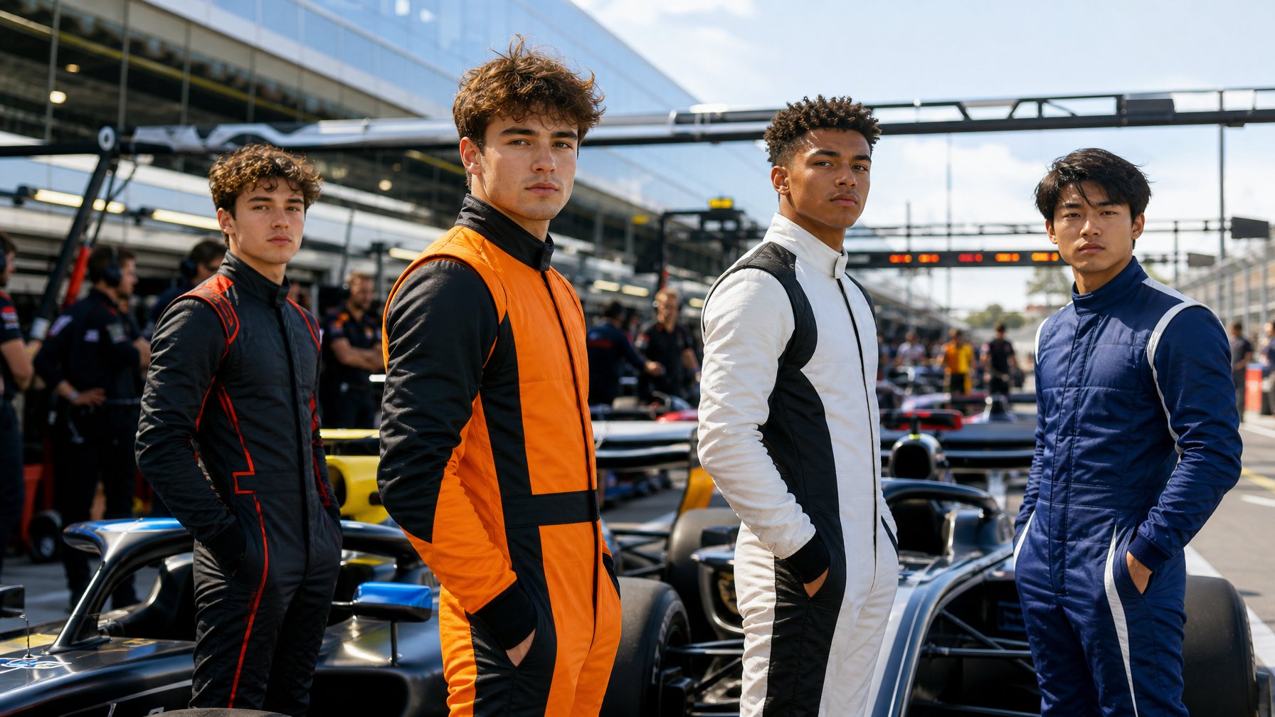 Beberapa pembalap rookie F1 berdiri di samping mobil balap mereka di pit lane, siap untuk kejuaraan dunia 2026.