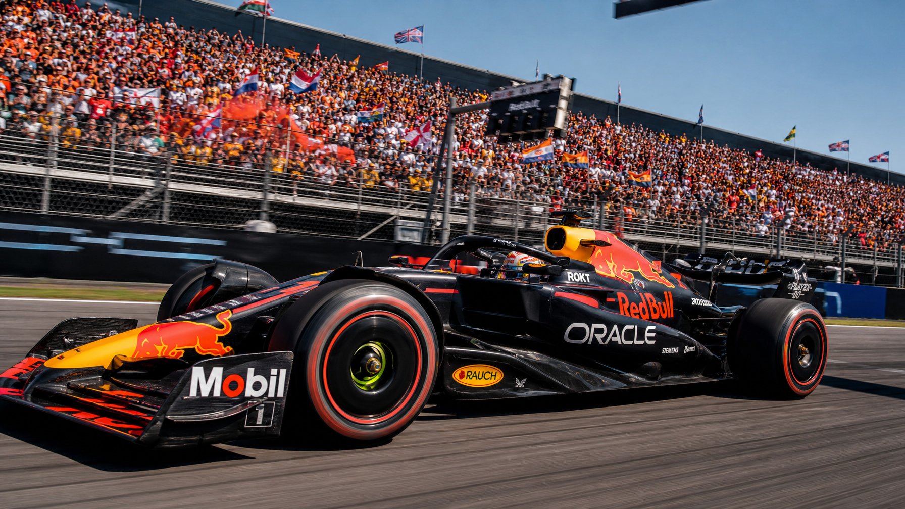 Mobil balap F1 modern melaju cepat di lintasan dengan tribun penuh penonton di latar belakang.