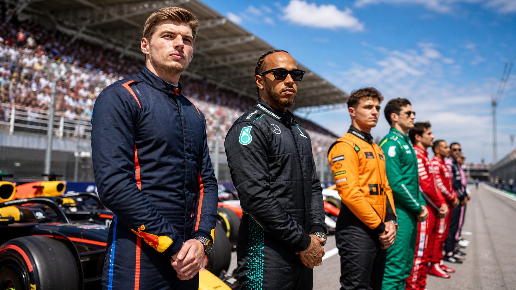 Barisan pembalap Formula 1 tahun 2026 berdiri di lintasan balap dengan latar tribun penonton dan mobil balap siap berlaga.