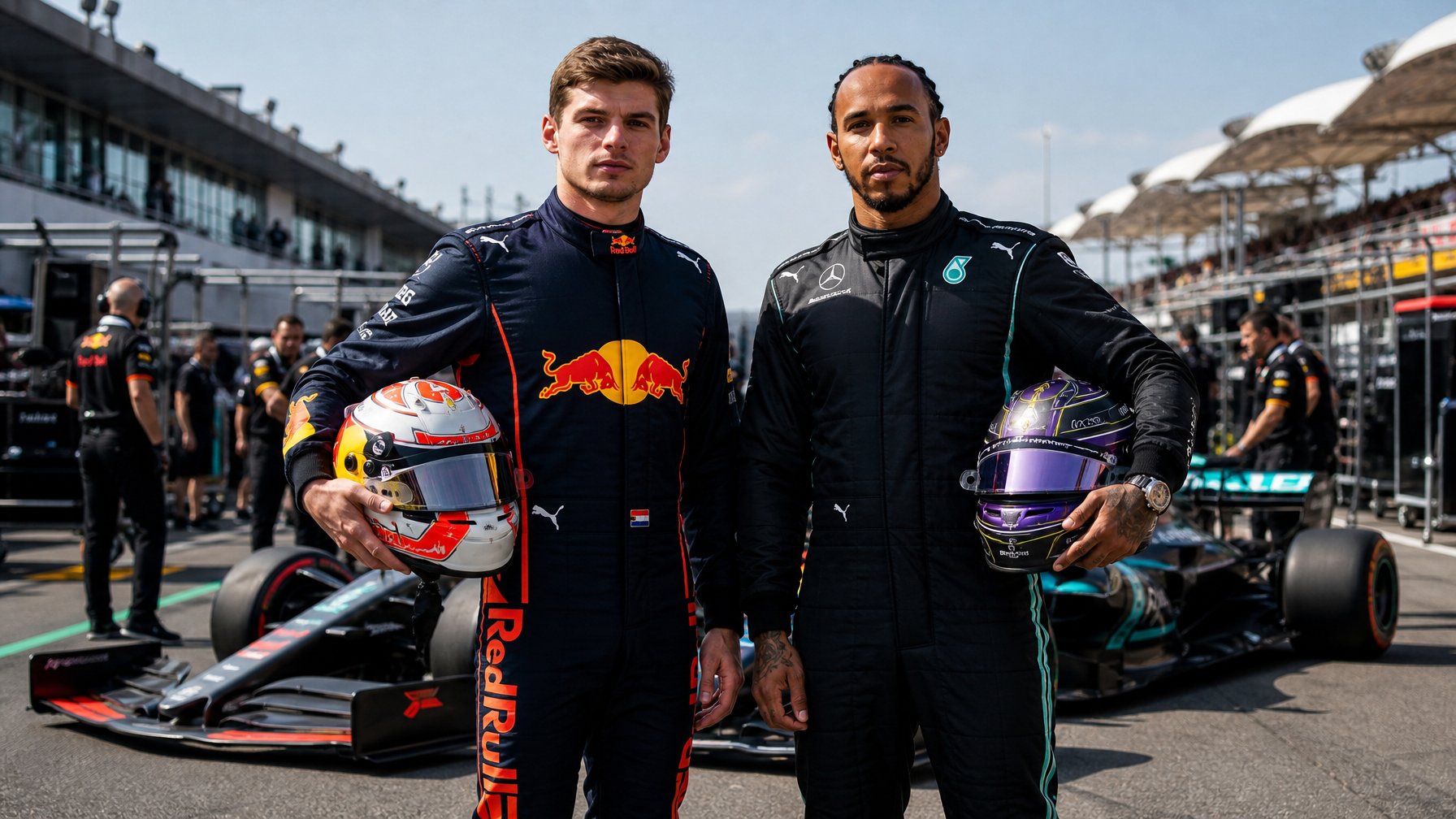 Dua pembalap Formula 1 berdiri berdampingan di lintasan balap dengan mobil F1 di latar belakang.