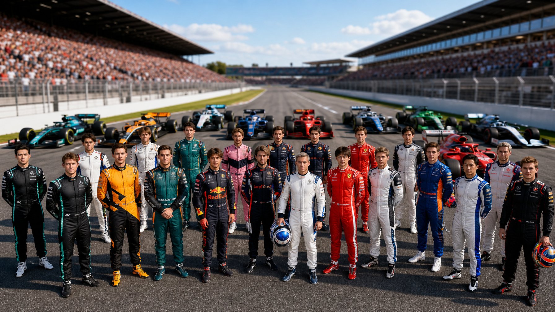 Sekelompok 22 pembalap Formula 1 dengan seragam tim masing-masing berdiri di depan mobil balap di lintasan, dengan penonton di tribun latar belakang.