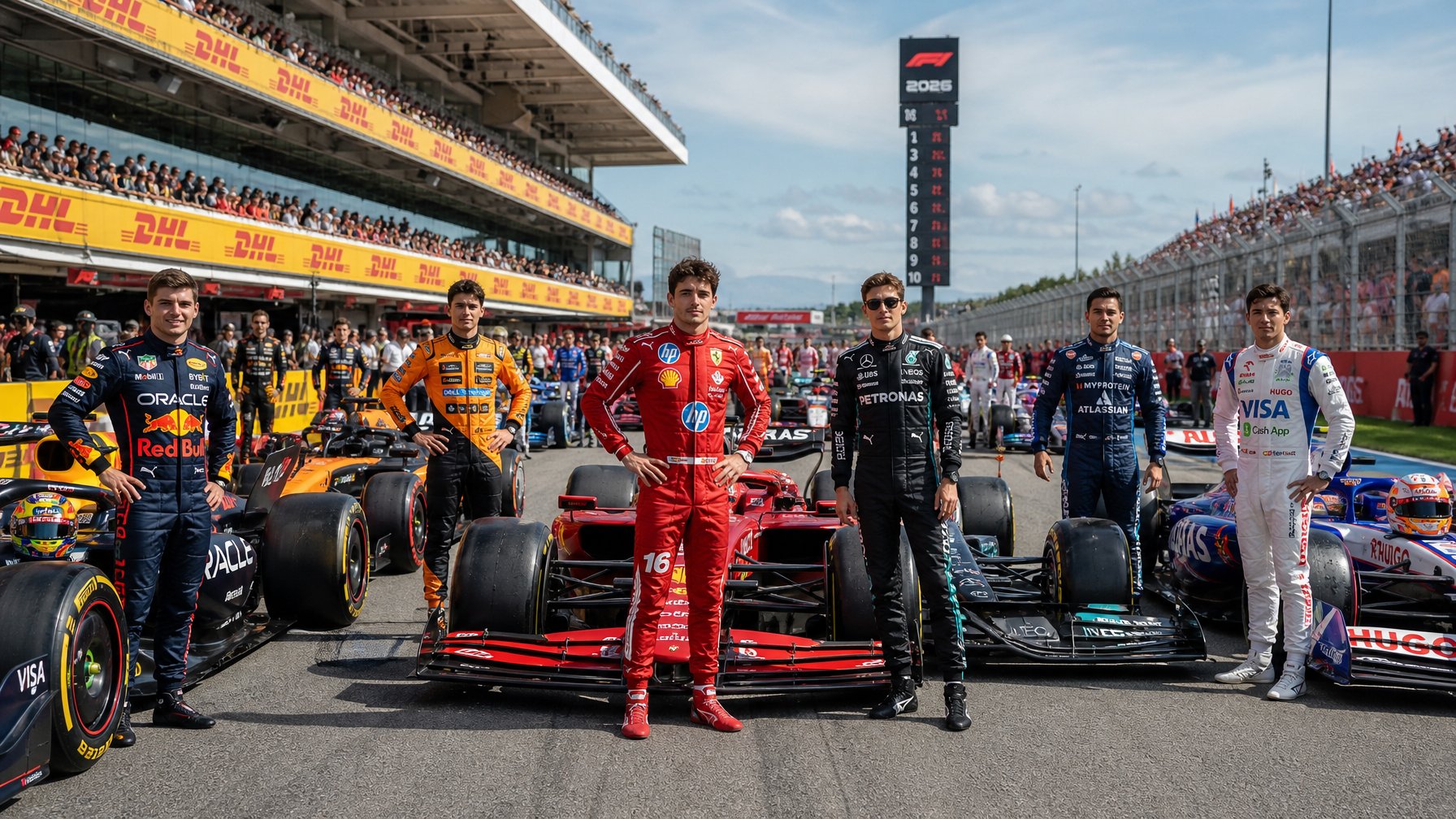 Sekelompok pembalap F1 berdiri di samping mobil balap mereka di pitlane sirkuit dengan penonton di tribun di belakang.